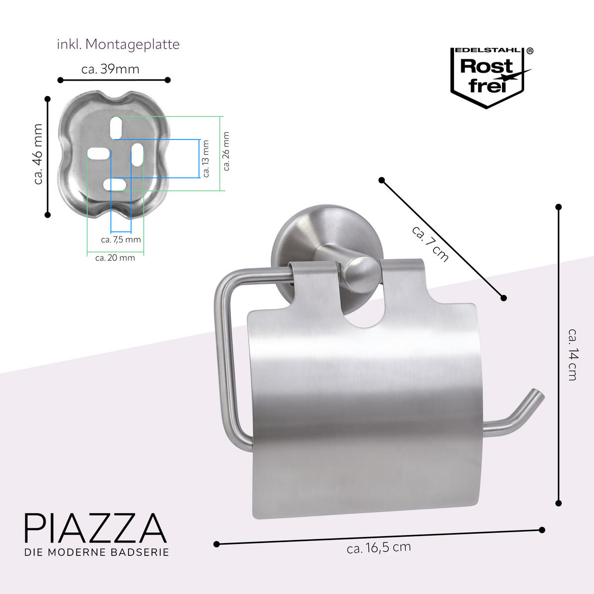 TOILETTENPAPIERHALTER PIAZZA, Edelstahl - Edelstahlfarben, Metall (16.5/14/7cm) - bremermann