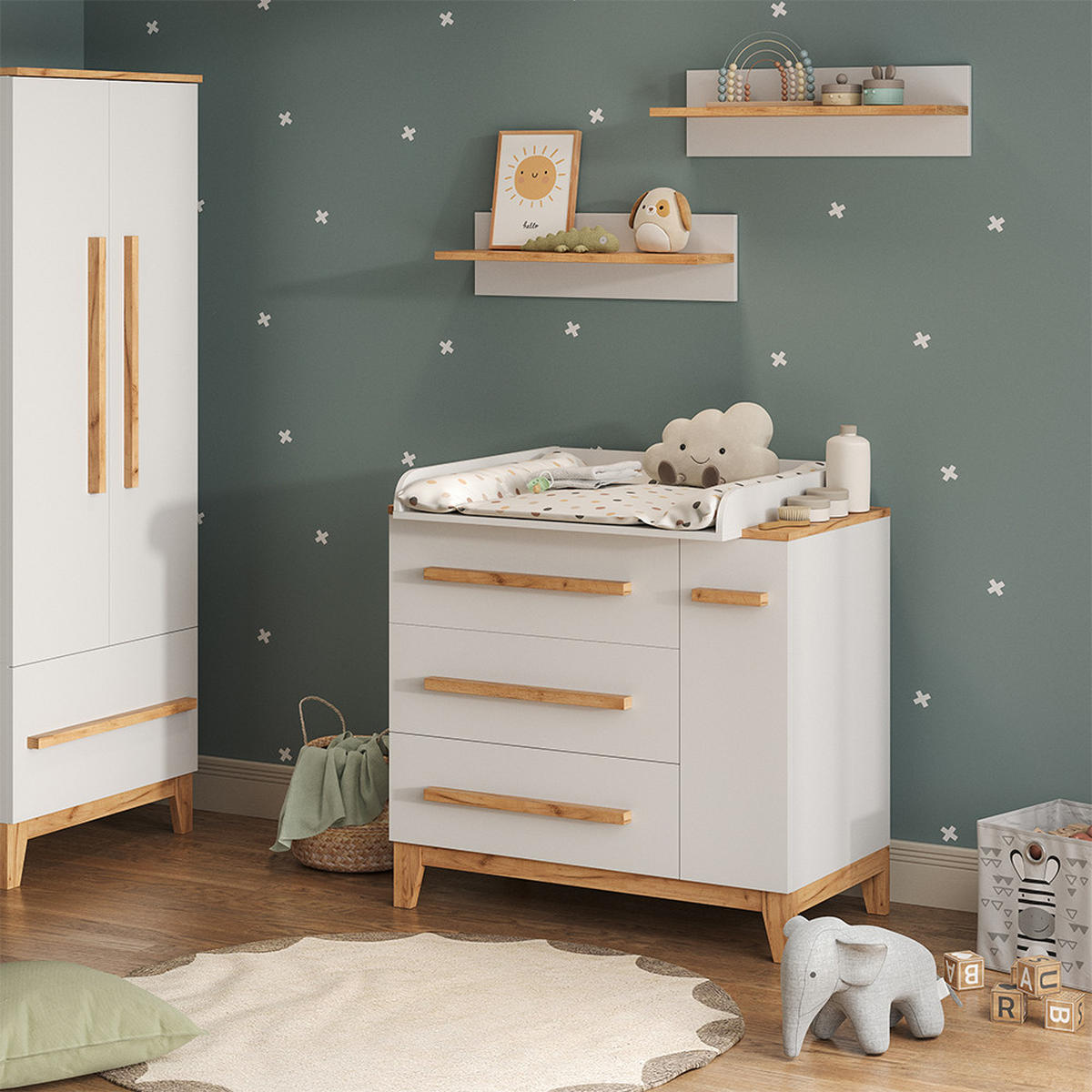 KOMODOVÝ PŘEBALOVACÍ STŮL Malia Bílá 98 x 98 cm s 1 dveřmi a 3 zásuvkami - bílá/světle šedá, kompozitní dřevo (98/98/52cm) - VitaliSpa