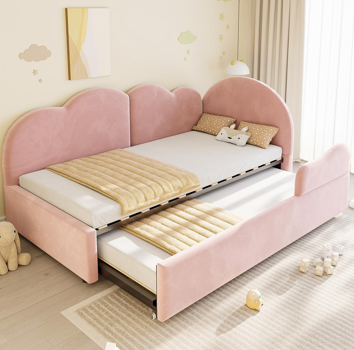 POLSTERBETT Ausziehbares Schlafsofa Samt 90x200 cm Pink ausziehbar L-Form mit wolkenförmigem Kopfteil - Pink, Textil (90/200cm) - Modfu