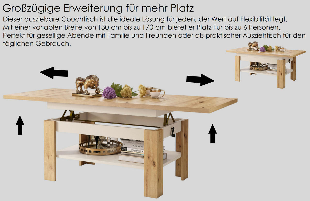 COUCHTISCH rechteckig Eiche Artisan - Beige ausziehbar höhenverstellbar - Eichefarben/Beige, Holzwerkstoff (65/130/58cm) - designimpex