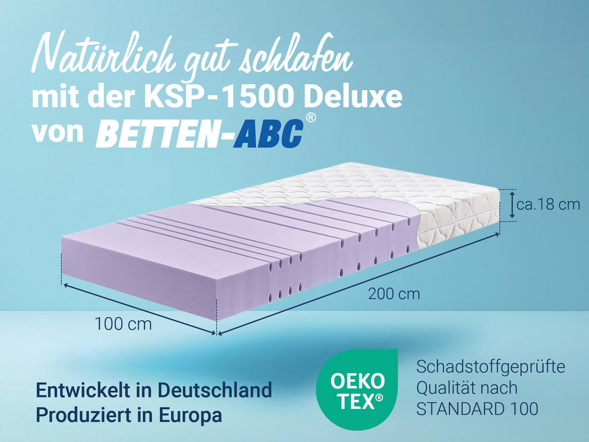 MATRATZE KSP-1500 Deluxe, mit Klimafaserbezug, Größe: 100x200, Härtegrad: H2 - Weiß, Textil (100/200cm) - Betten-ABC