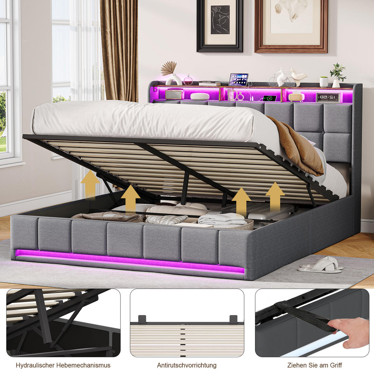 POLSTERBETT 160x200 cm LED USB C Hydraulik Stauraum Metall grau - Grau, Holz (160/200cm) - LEBENLANG