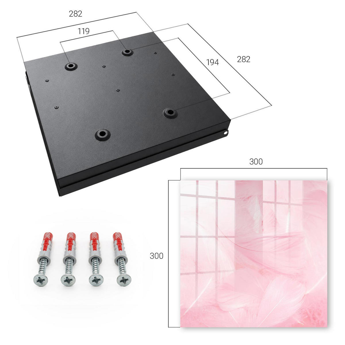 SCHLÜSSELBOX Schwarz 30x30 cm- Türöffnung nach rechts - Rosa Federn - Pink, Metall (30/30/5cm) - TULUP