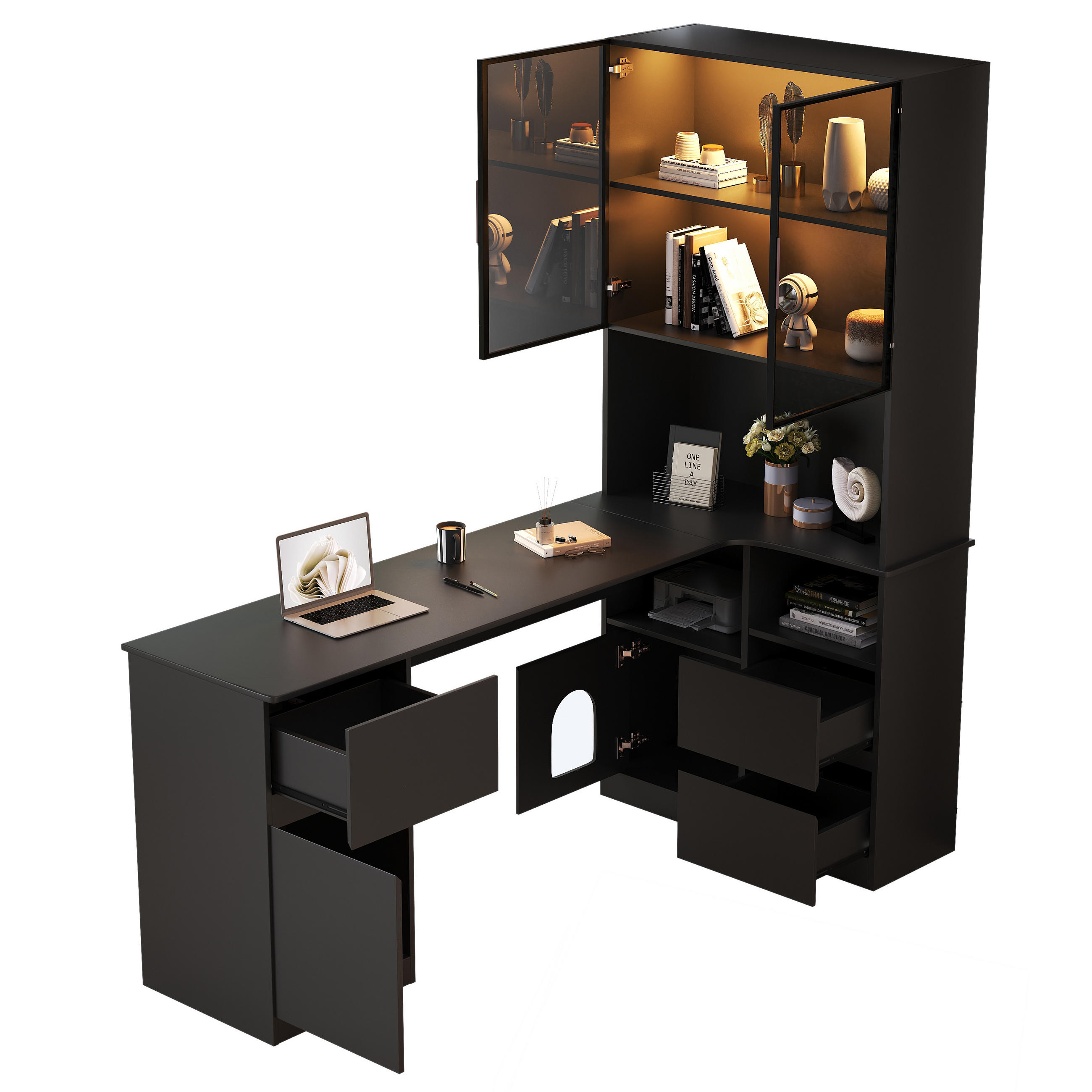 BUFFET Eckschreibtisch Regal Vitrinenschrank LED 7 Farben Stauraum Kabeldurchlass modern - Transparent/Schwarz, Holzwerkstoff (120/180/80cm) - EVRYAE