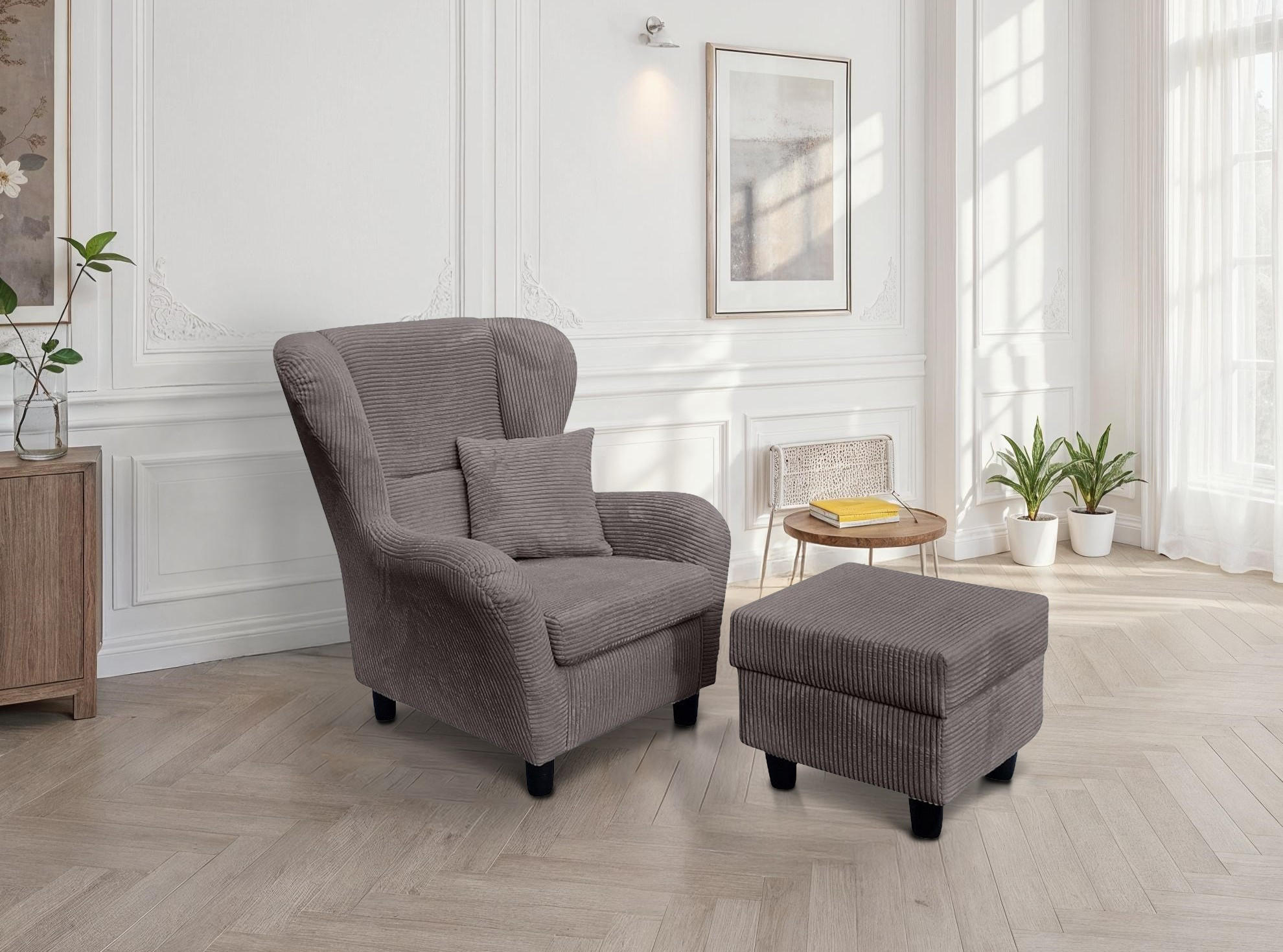OHRENSESSEL mit HOCKER, hoher Sitzkomfort durch Wellenunterfederung B90/H98/T76 cm, Cord Grau / 18019 - Schwarz/Grau, Holz/Textil (90/98/76cm) - luma-home