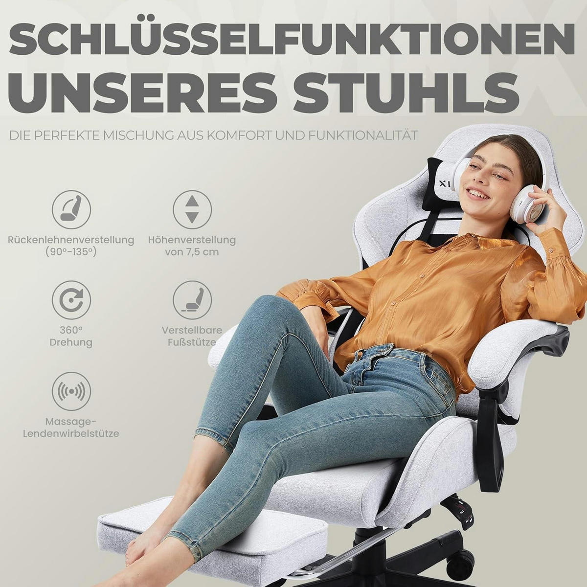 GAMING Stuhl mit Fußstütze Stoff Schwarz Grau Gestreift - Grau, Textil (40/40/40cm)