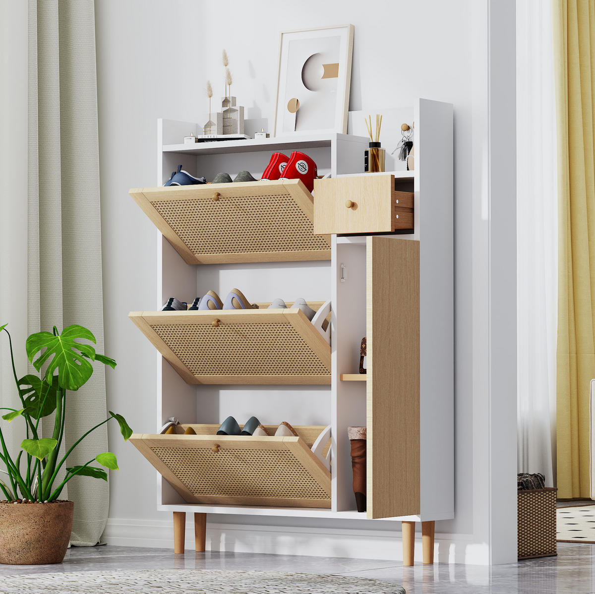 SCHUHSCHRANK 90/125/17 cm in Natur/Weiß mit 3 Klappen und 1 Schublade - Weiß, Holzwerkstoff (90/125/17cm) - Flora Grace