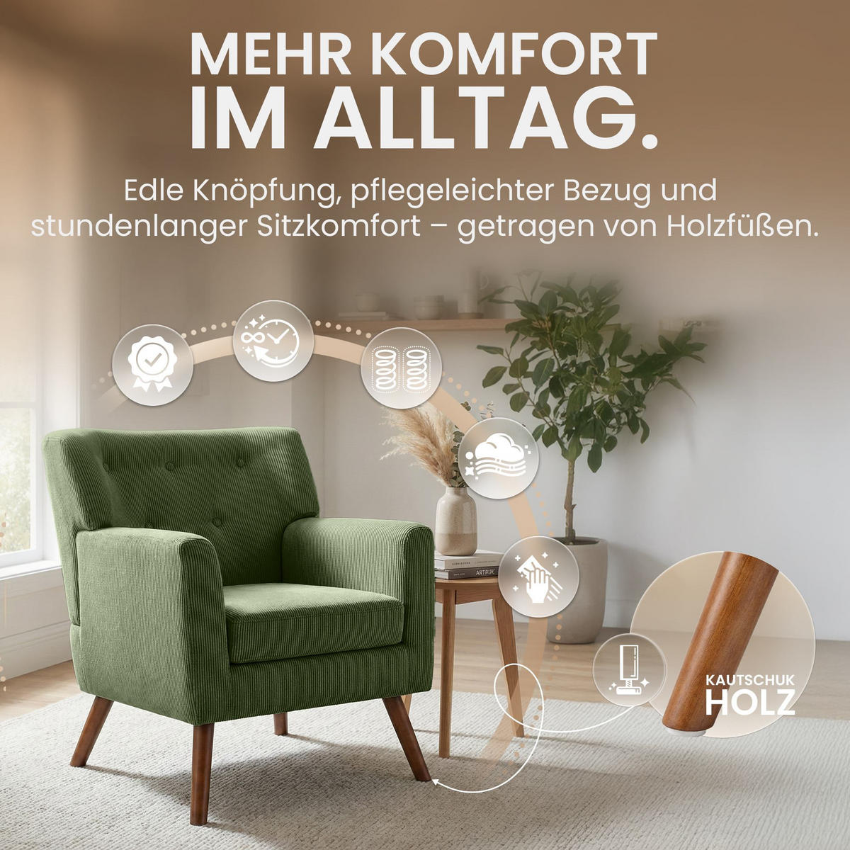 SESSEL Cord Grün - Braun/Grün, Holz/Textil (72/80/74cm) - CLP