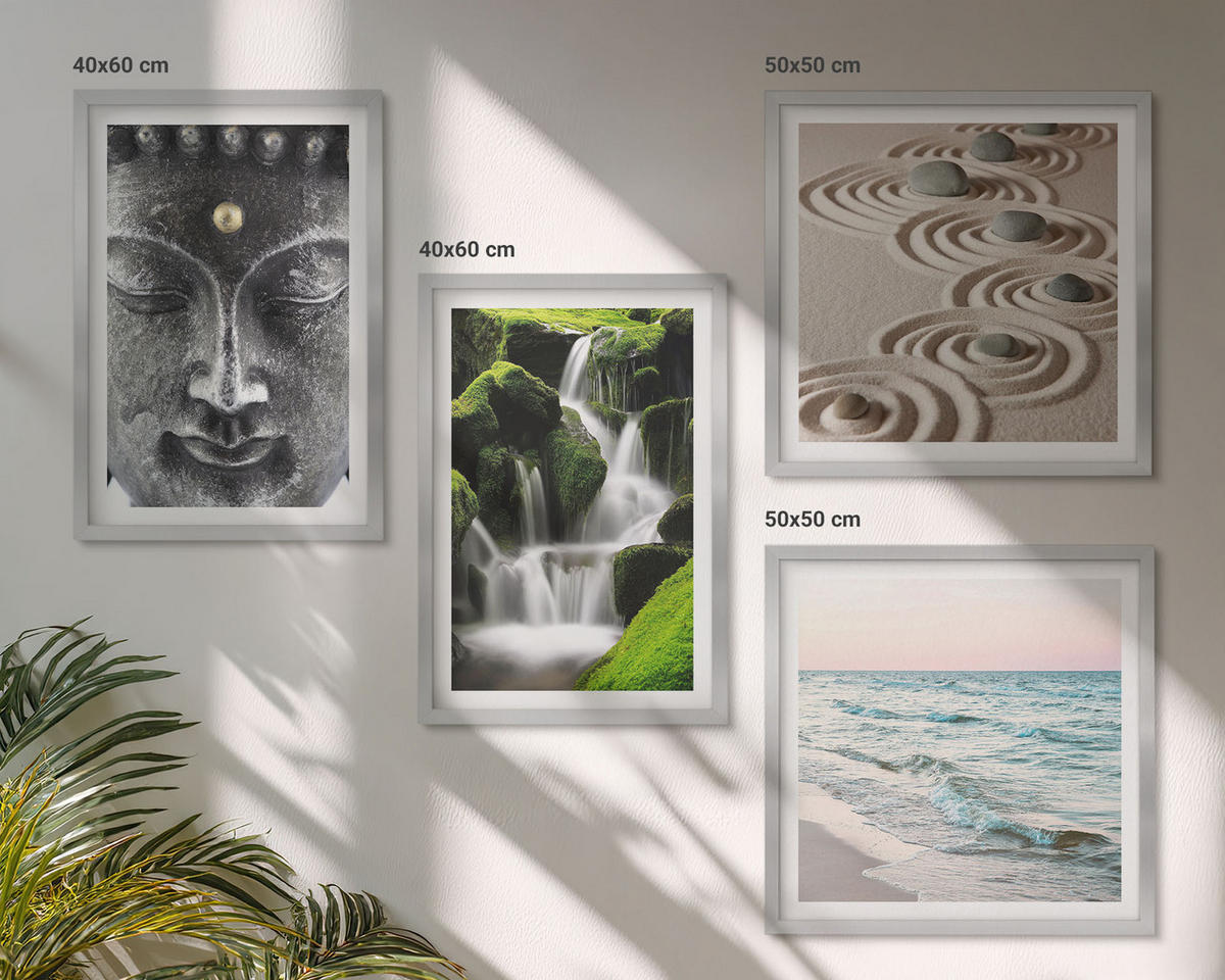 BILDER SET 4er Set - 50x50 cm & 40x60 cm Silberner Rahmen - Der Frieden der Natur mit Buddha - Silberfarben, Kunststoff (50/50cm) - TULUP