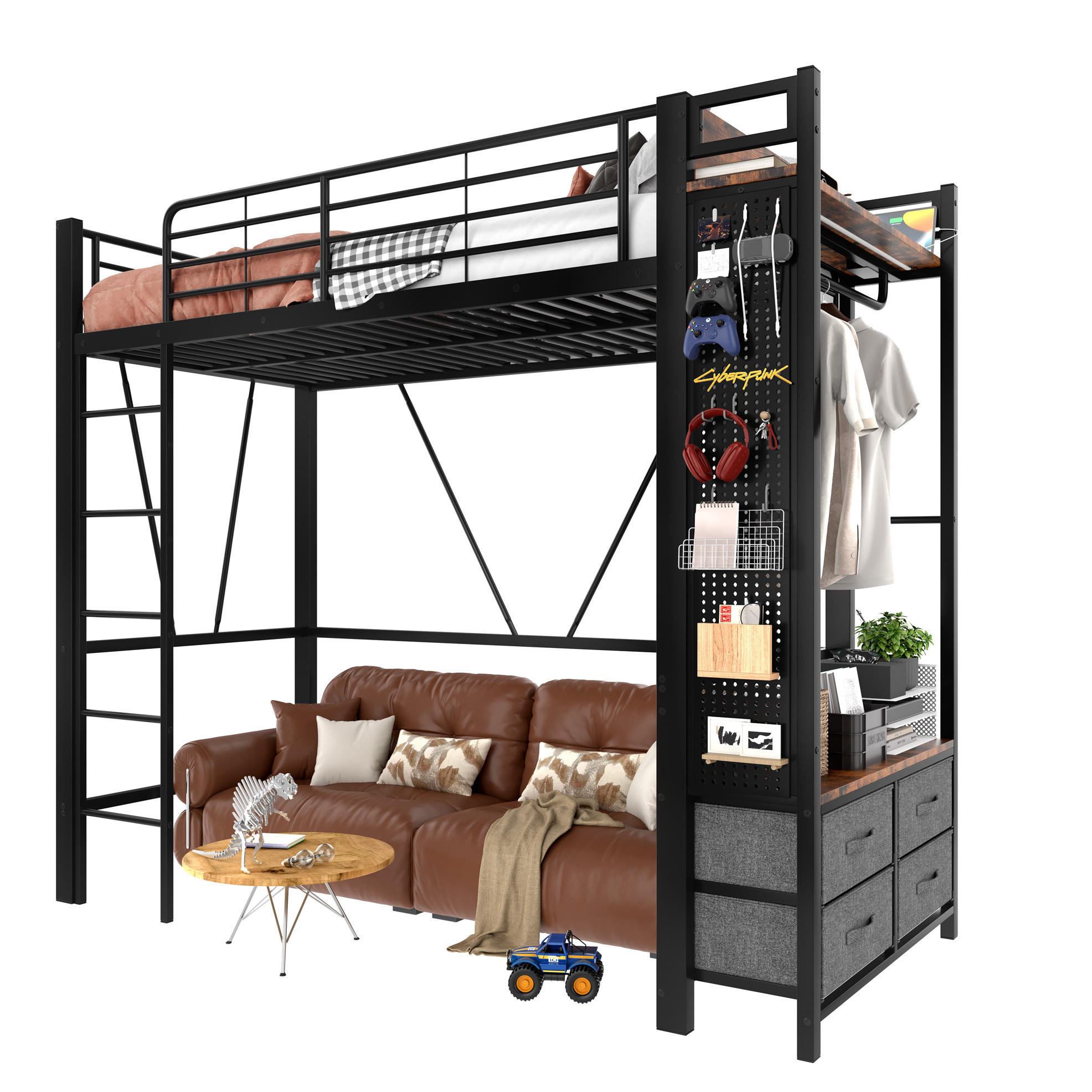 HOCHBETT 90/200 cm aus Metall mit 4 Schubladen, LED-Beleuchtung und USB-Anschlüssen - Schwarz, Metall (90/200cm) - Flora Grace