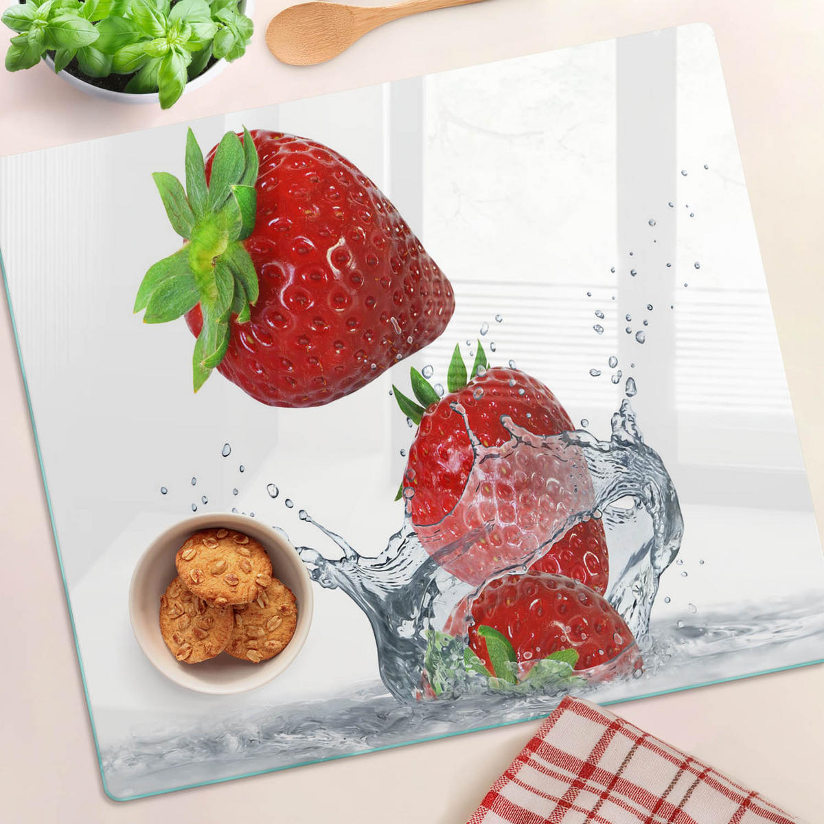 GLASPLATTE 60x52 cm Erdbeeren und Wasser - Rot, Glas (60/0.4/52cm) - TULUP