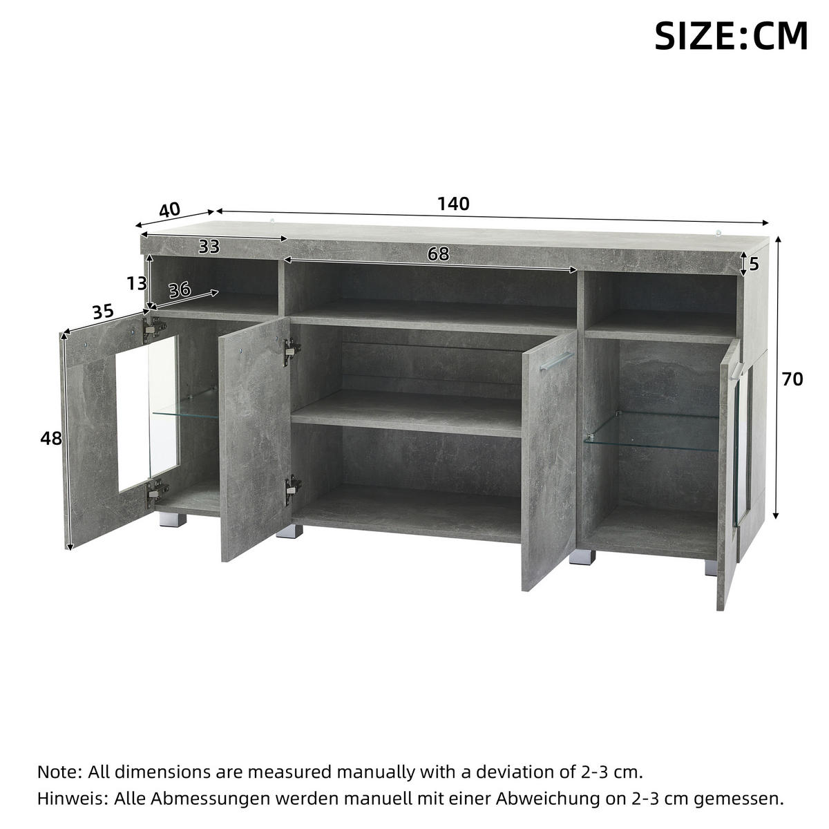 SIDEBOARD mit 3 Fächern und LED Grau - Grau, Glas/Holzwerkstoff (40/70/140cm) - Urban Meuble