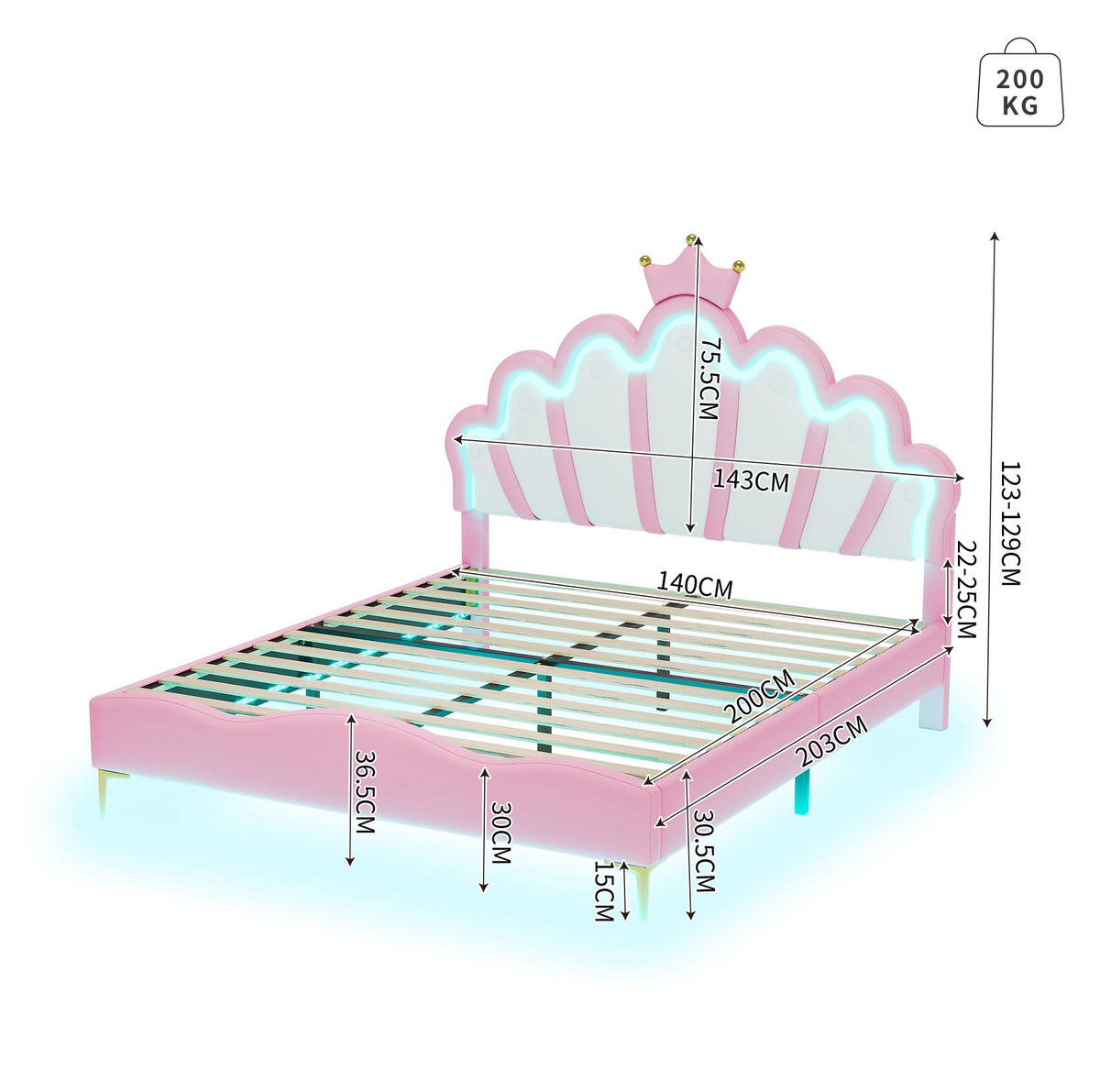 KINDERBETT aus PU-Kunstleder 140x200 cm Rosa mit LED-Beleuchtung und höhenverstellbarem Kopfteil im Kronendesign - Rosa, Kunststoff (140/200cm) - Modfu