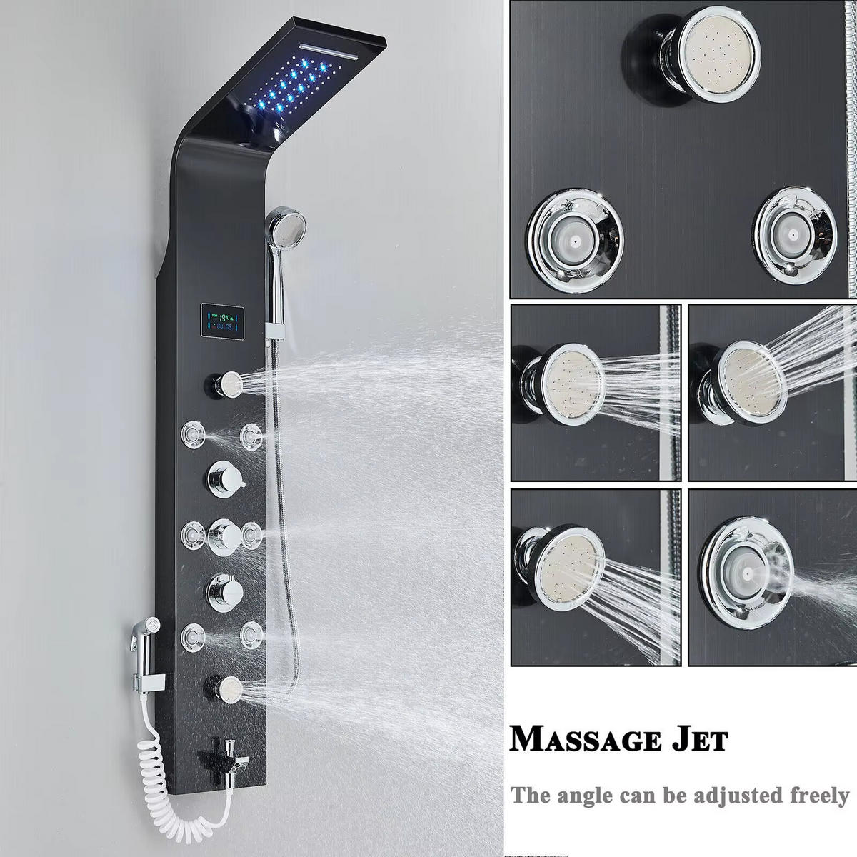 ÜBERKOPFBRAUSESET LED, Schwarz, Wasserfall SPA - Schwarz, Metall (20/114/39cm) - Kaket
