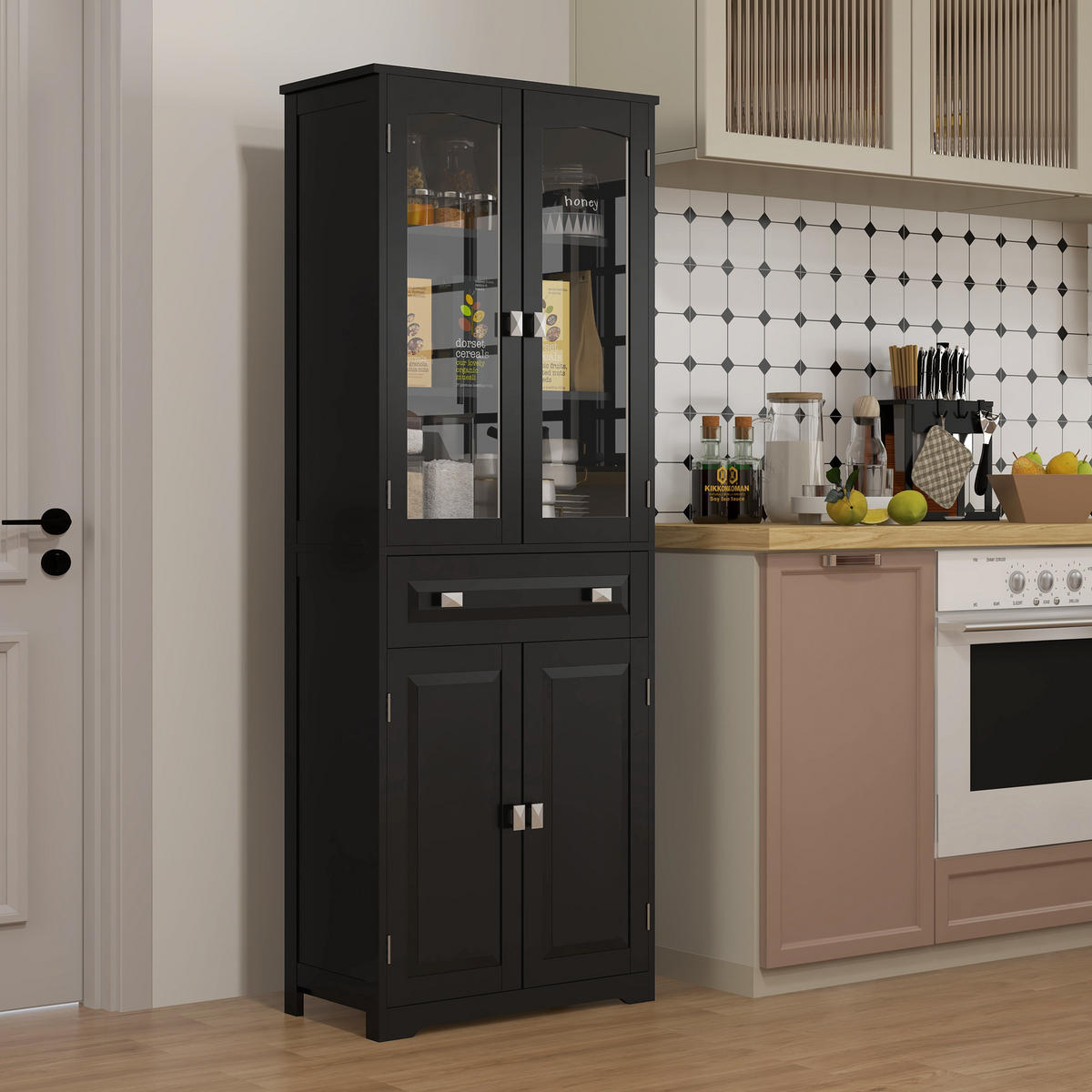 HIGHBOARD DE-11314 2 Glastüren Schwarz - Schwarz, Holzwerkstoff (30/160/60cm) - ComfortXL