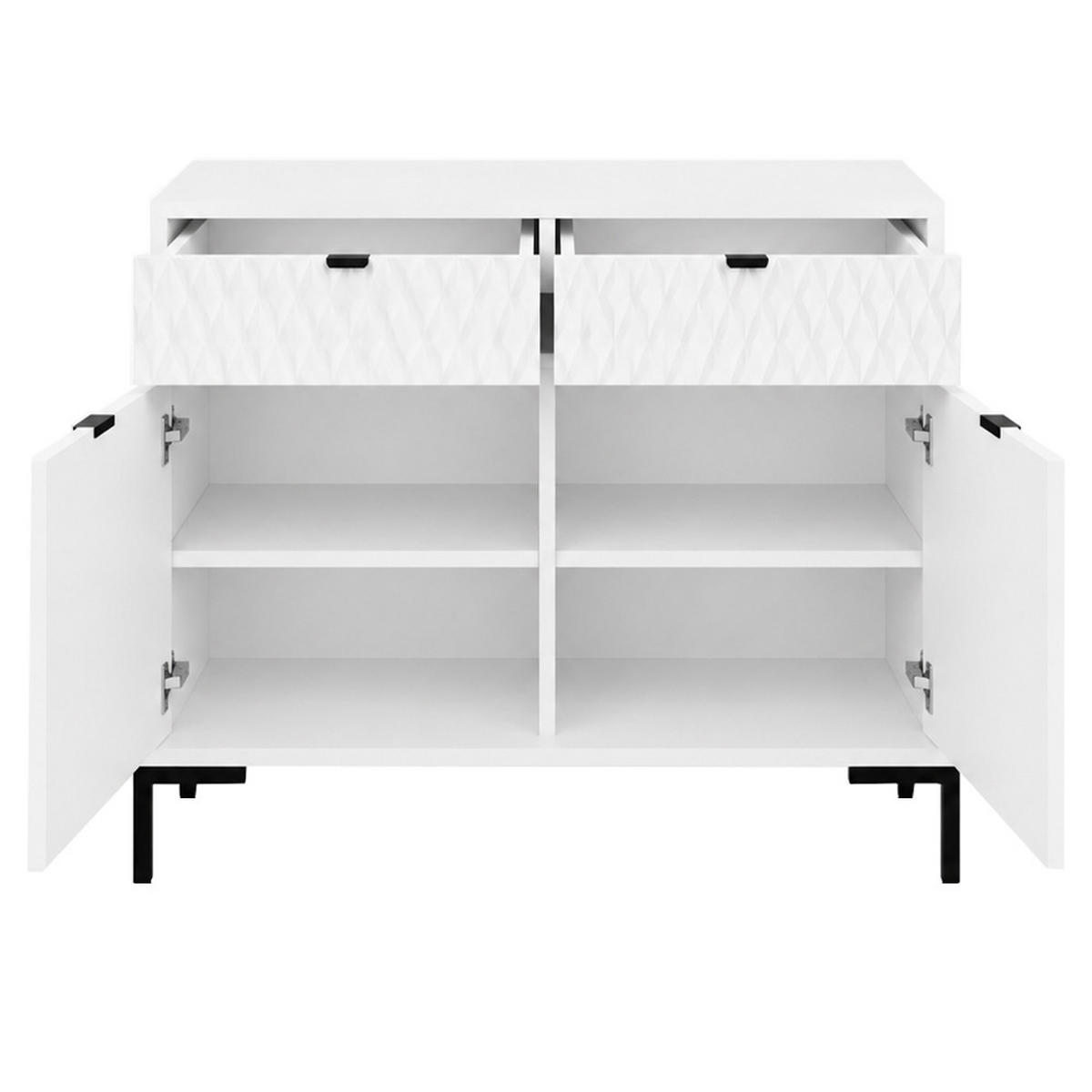 KOMODA Montreal se 2 dvířky a 2 zásuvkami, dekorativní 3D čela, 100 cm, bílá - bílá/černá, kov/kompozitní dřevo (101/85/40cm) - Beautysofa