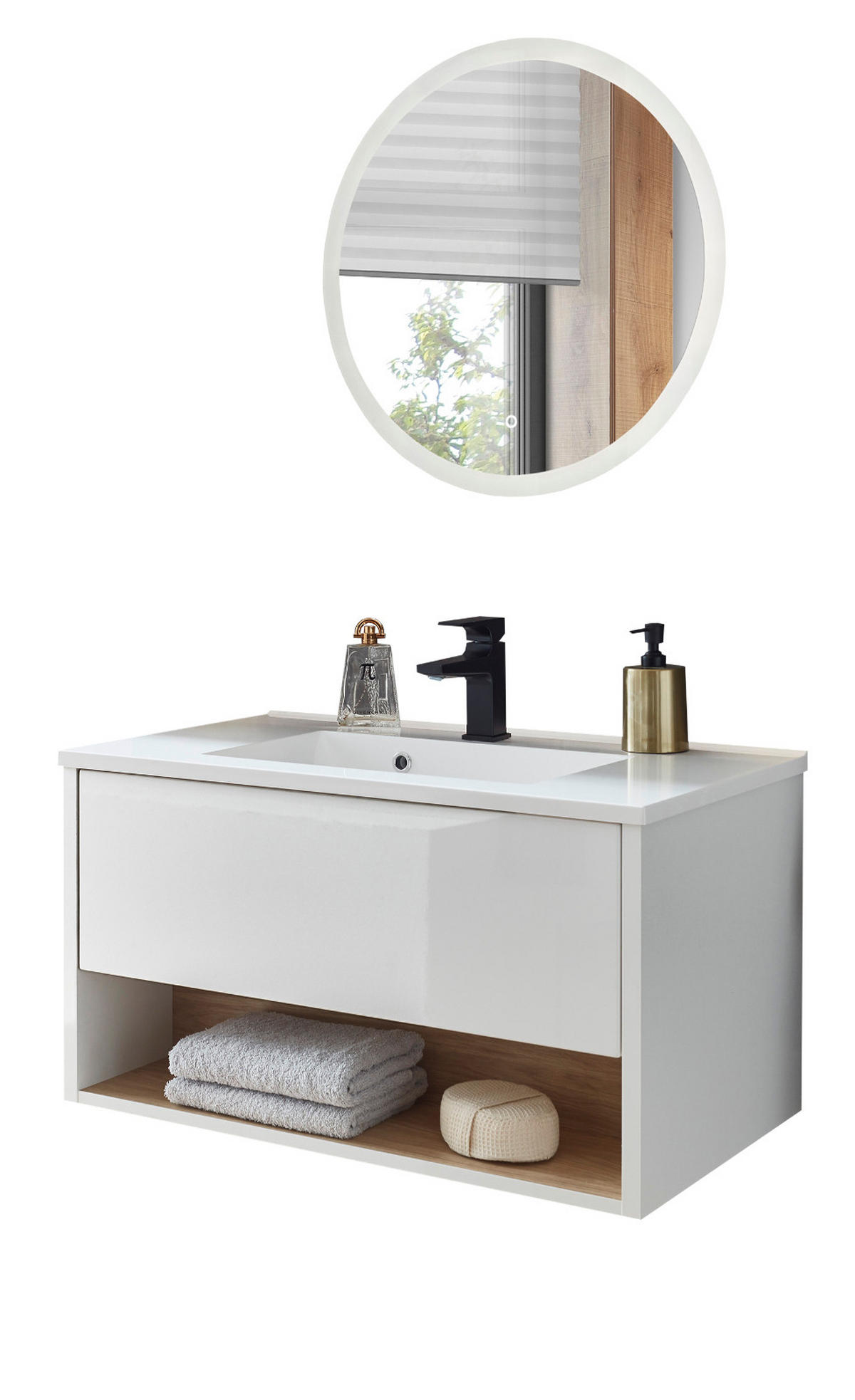 BADMÖBEL-SET weiß Hochglanz, Eiche 80 cm 2-teilig mit Waschbecken und LED Beleuchtung - Weiß Hochglanz/Eichefarben, Glas/Holzwerkstoff (80/190/47cm) - Furn.Design