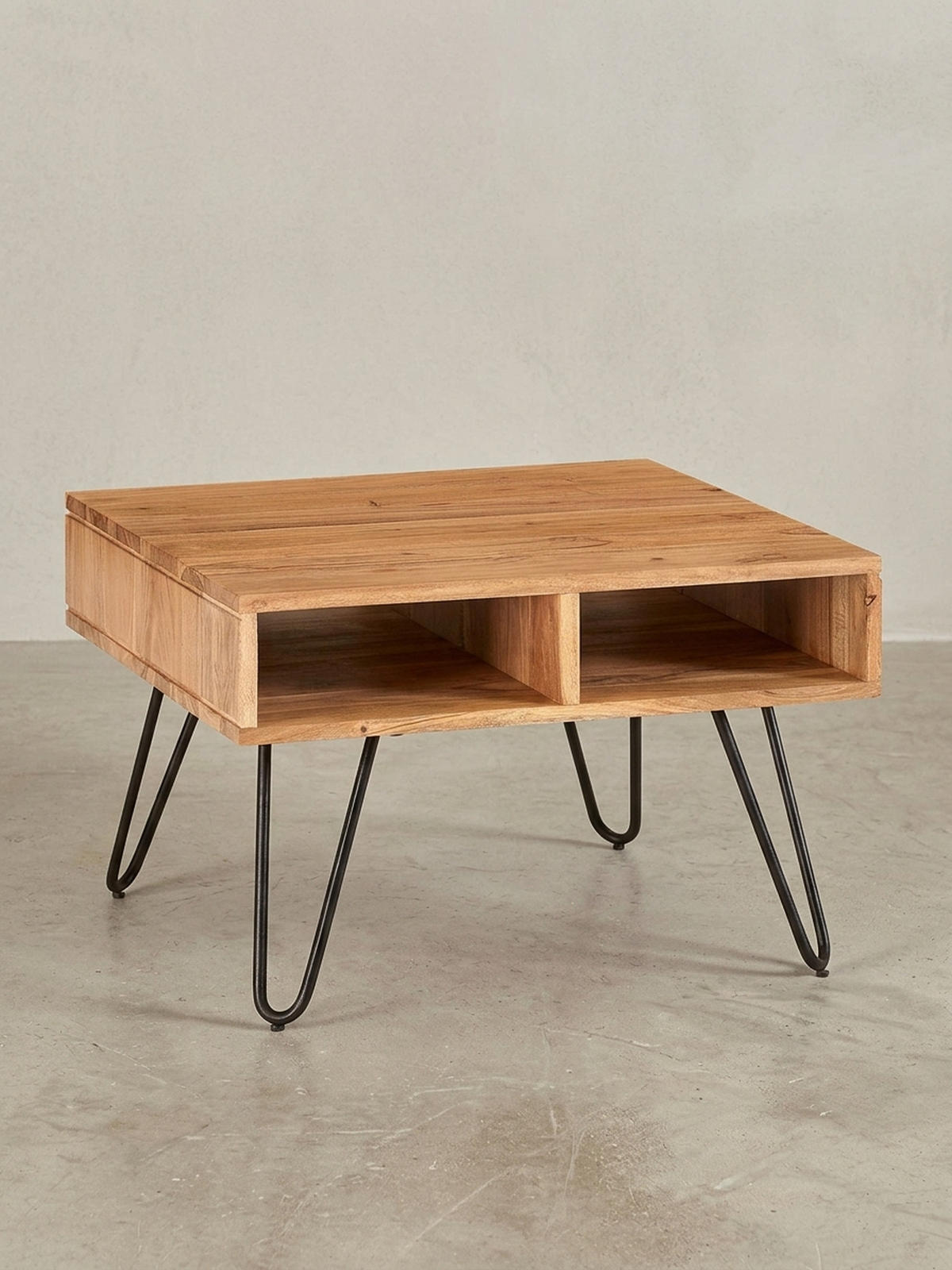 COUCHTISCH aus massivem Akazienholz mit Metallgestell und Stauraum im modernen Design - Beige/Schwarz, Holz/Metall (60/60/40cm) - KADIMA DESIGN