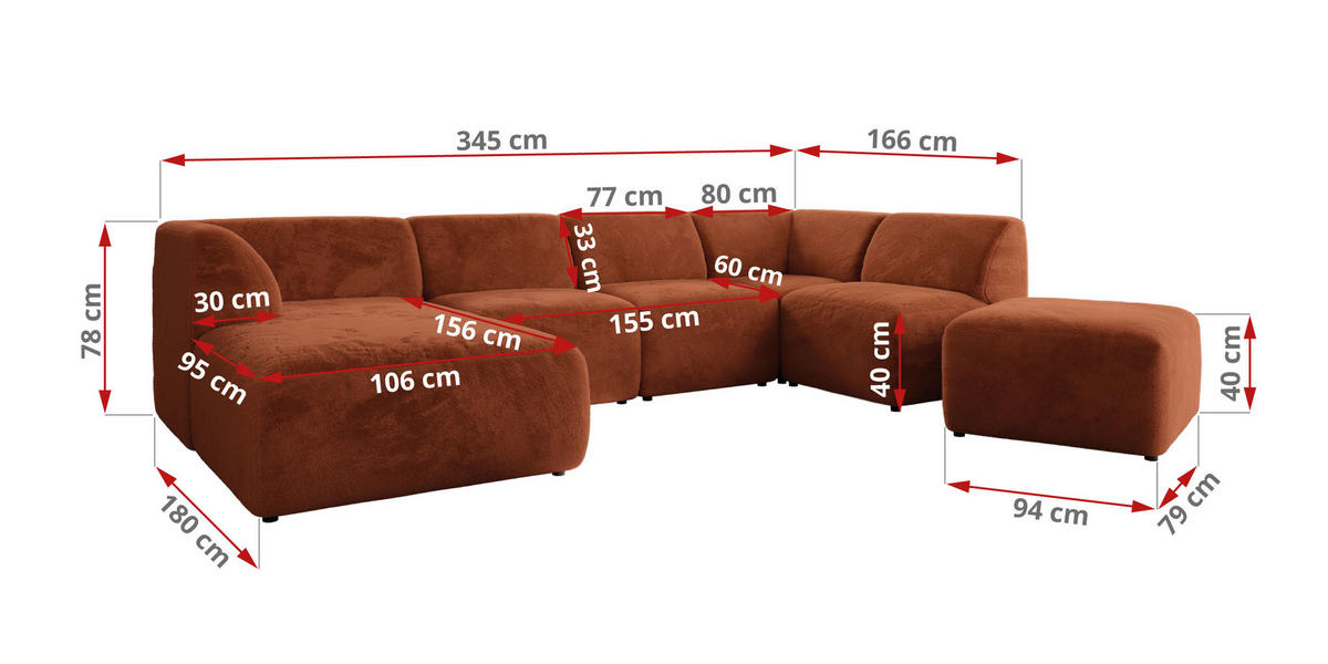 WOHNLANDSCHAFT MODARO U 6M - Orange Plüsch - Links - Schwarz/Orange, Textil (180/78/345cm) - MKS