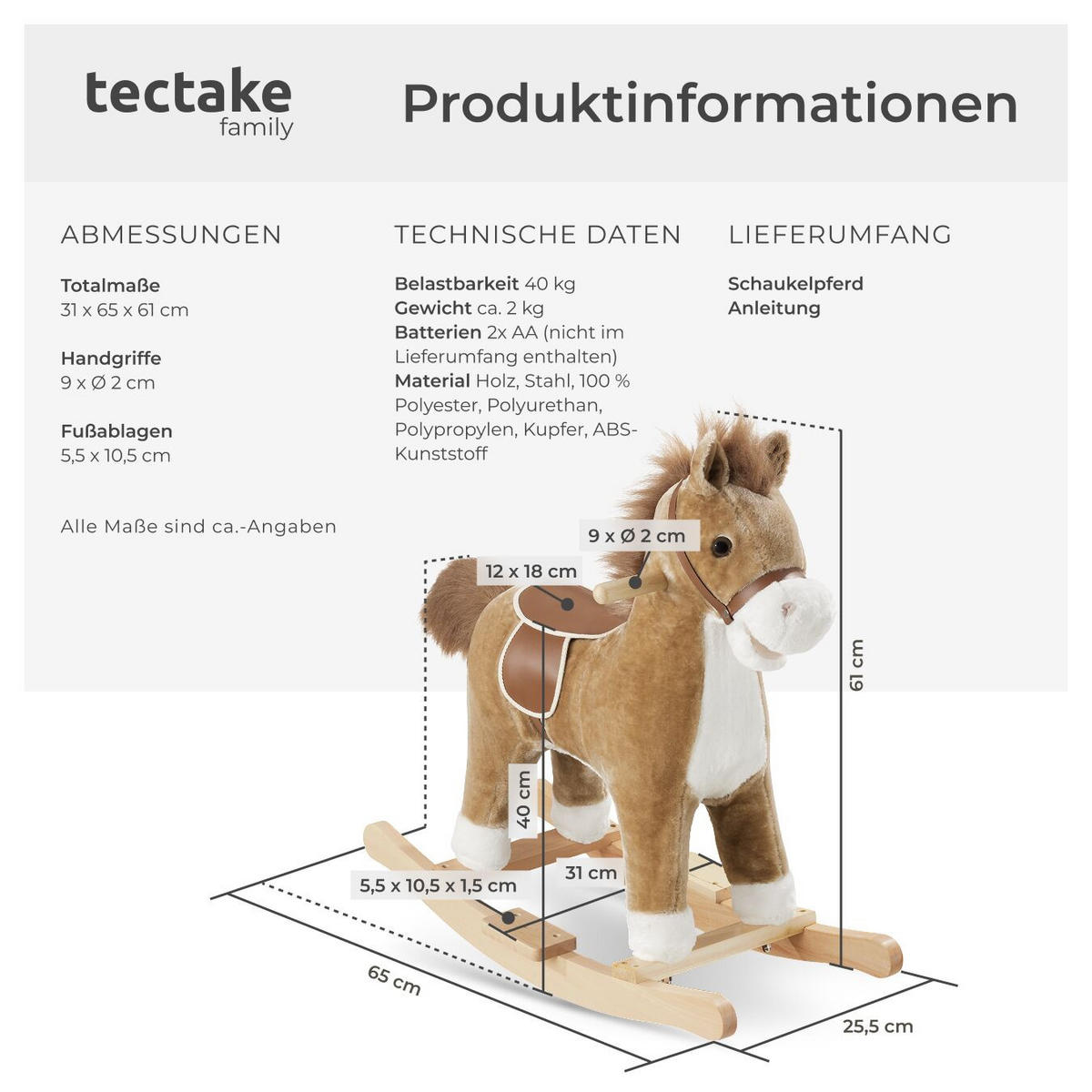 SCHAUKELPFERD ,massive Holzkufen, ab 24 Monaten geeignet,braun - Braun, Textil (31/61/65cm) - tectake