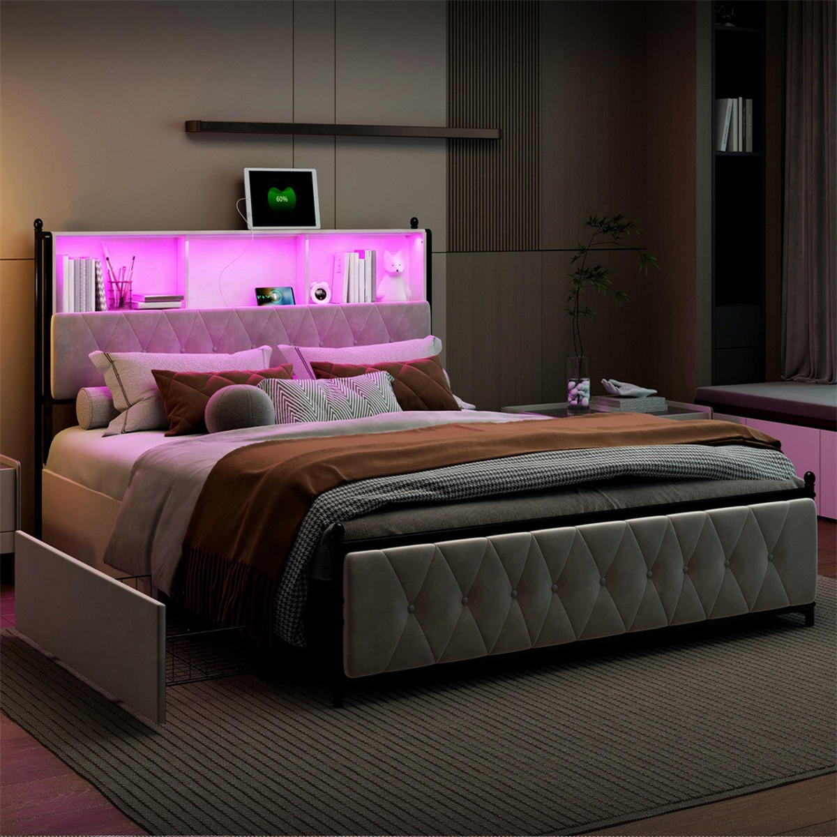 POLSTERBETT 160x200 cm mit 4 Schubladen - Kopfteil mit Stauraumfächern,USB&Type-C Ladestation und LED-Beleuchtung - Beige, Textil (160/200cm) - DELFA