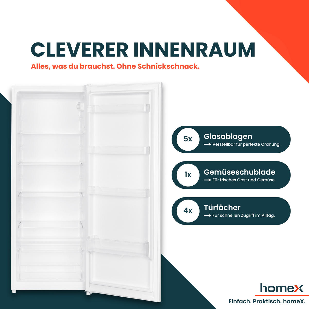 KÜHLSCHRANK ohne Gefrierfach groß - 242 Liter, freistehend, leise, weiß - Weiß, Kunststoff/Metall (54.4/142.6/55.6cm) - homeX