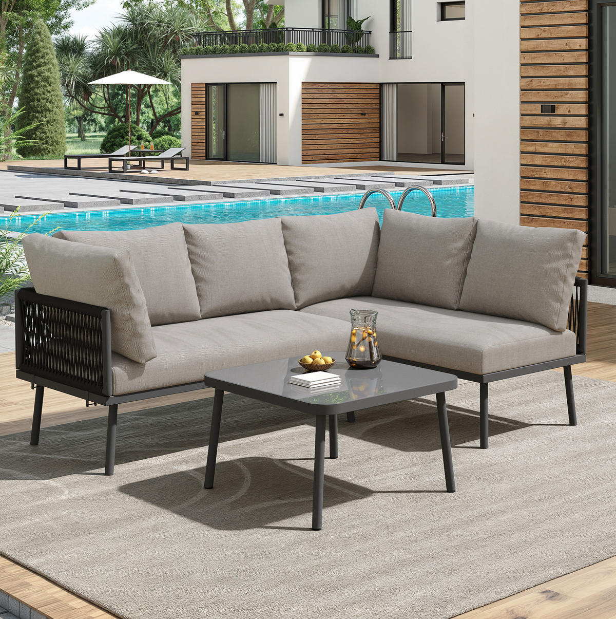 LOUNGEGARNITUR 120/60/72 cm grau aus Eisen mit Glastisch und Kissen - Grau, Metall - OKWISH