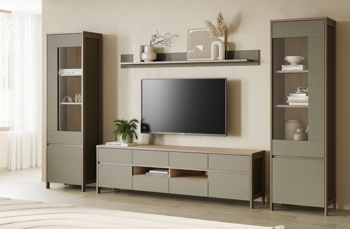 WOHNWAND Salbei grün, Eiche, Wohnkombination skandinavisch 4-teilig 339 cm, Soft-Close - Salbeigrün/Eichefarben, Glas/Holzwerkstoff (339/195/39cm) - Furn.Design