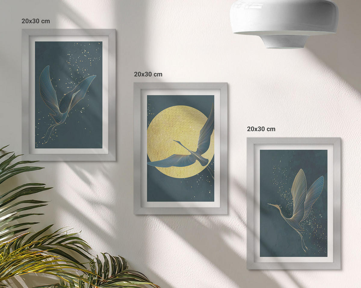 WANDBILDER 3er Set - 20x30 cm Silberner Rahmen - Kraniche im Flug bei Nacht - Silberfarben, Kunststoff (20/30cm) - ArtPrintCave