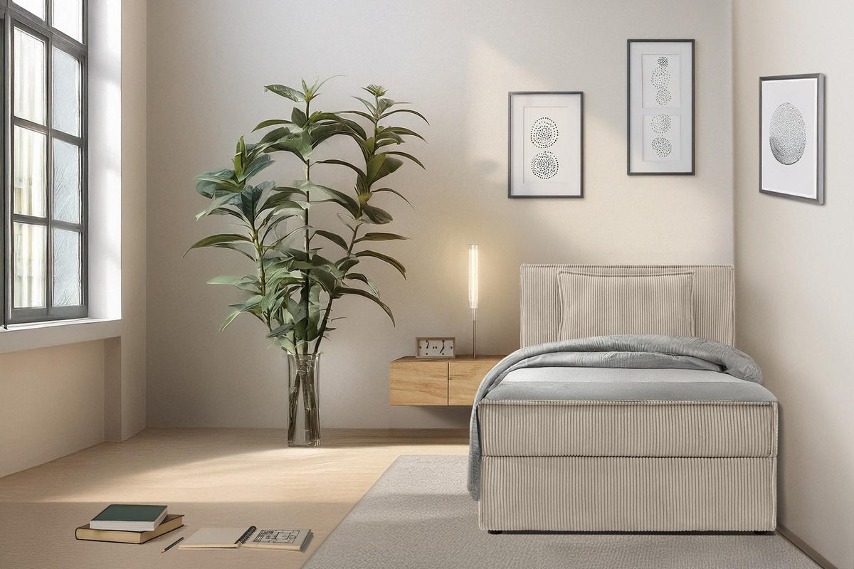 BOXSPRINGBETT ROTI Einzelbett, beige - Beige/Schwarz, Holz/Holzwerkstoff (80/200cm) - KONSIMO®