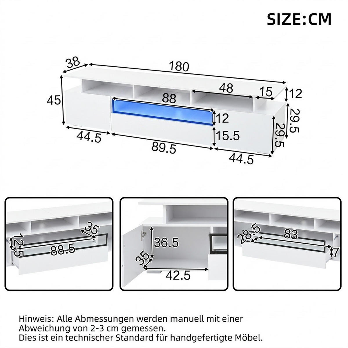 TV-SCHRANK 180/38/45 cm Weiß Hochglanz mit LED, 1 Schublade und 2 Türen - Weiß, Holzwerkstoff (180/45/38cm) - Oxeza