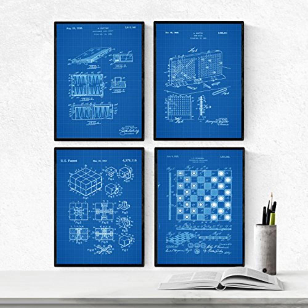 POSTER Set mit 4 Blau Brettspiele Patent A4 Rahmenlos - Klar, Papier (29.7/3cm) - Nacnic