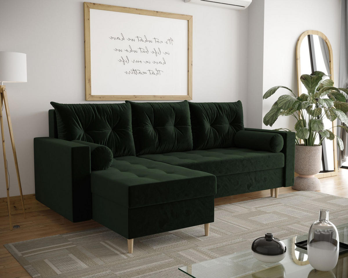 ECKSOFA SKANDI Itaka 10 Links mit Schlaffunktion - Dunkelgrün, Textil (230/145cm) - Bedante