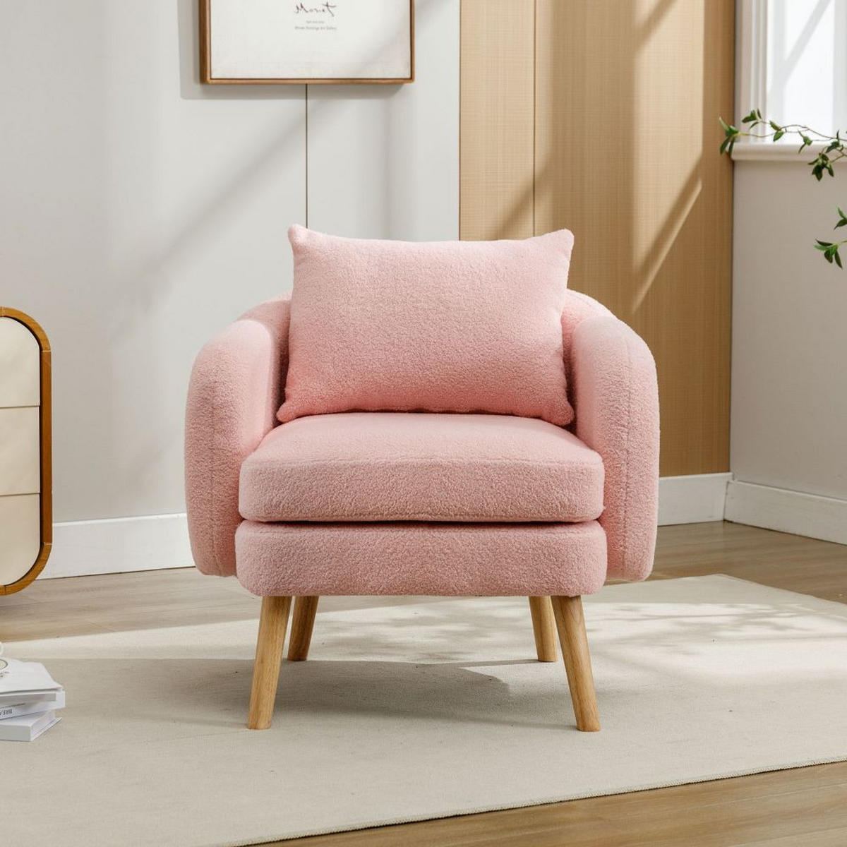 POLSTERSESSEL in Rosa Teddy-Samt with Massivholz-Beinstuhl - Pink, Textil (72/79/71cm) - KOMHTOM