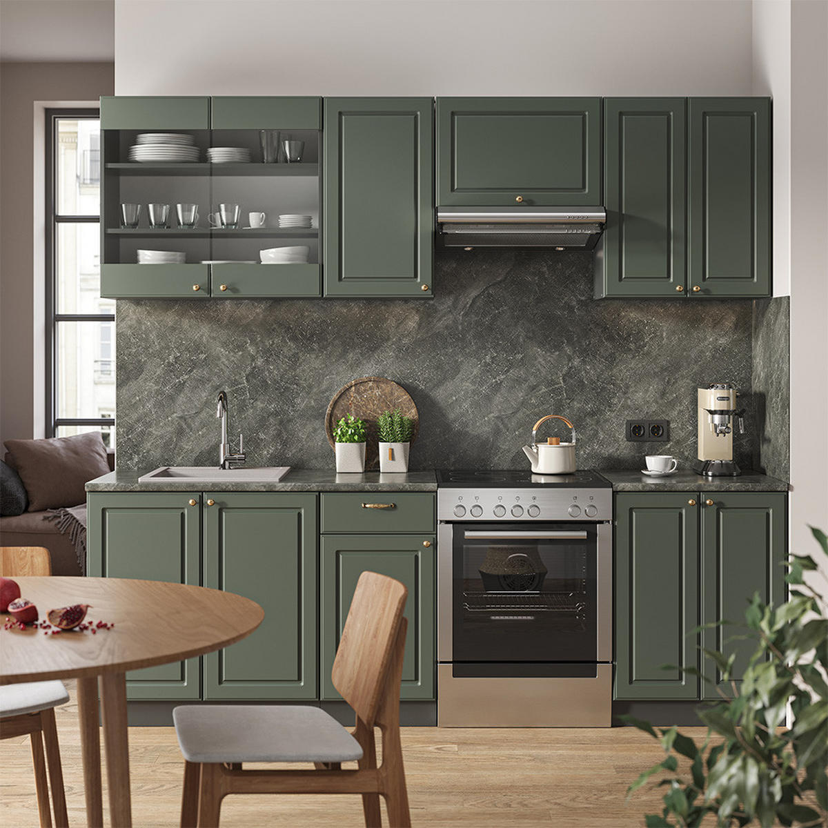 KÜCHENZEILE Fame-Line Grün-Gold Landhaus/Anthrazit 240 cm ohne AP - Anthrazit/Grün, Holzwerkstoff (240/81.6/46cm) - Vicco