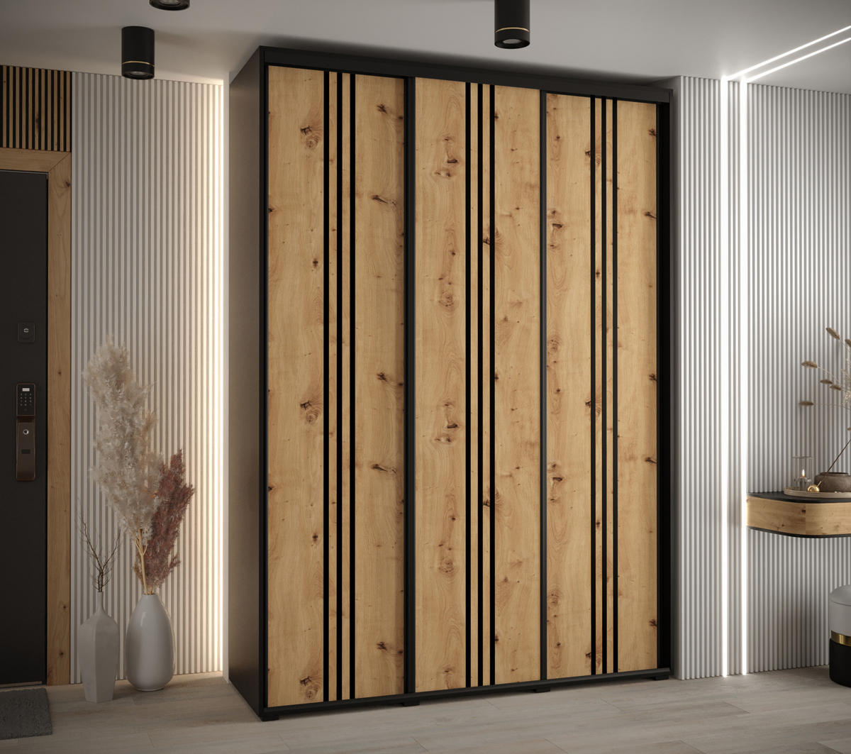 SCHWEBETÜRENSCHRANK 235,2/180/60 3-türig - Schwarz/Eiche Artisan, Holz/Metall (180/235/60cm) - Abiks Möbel