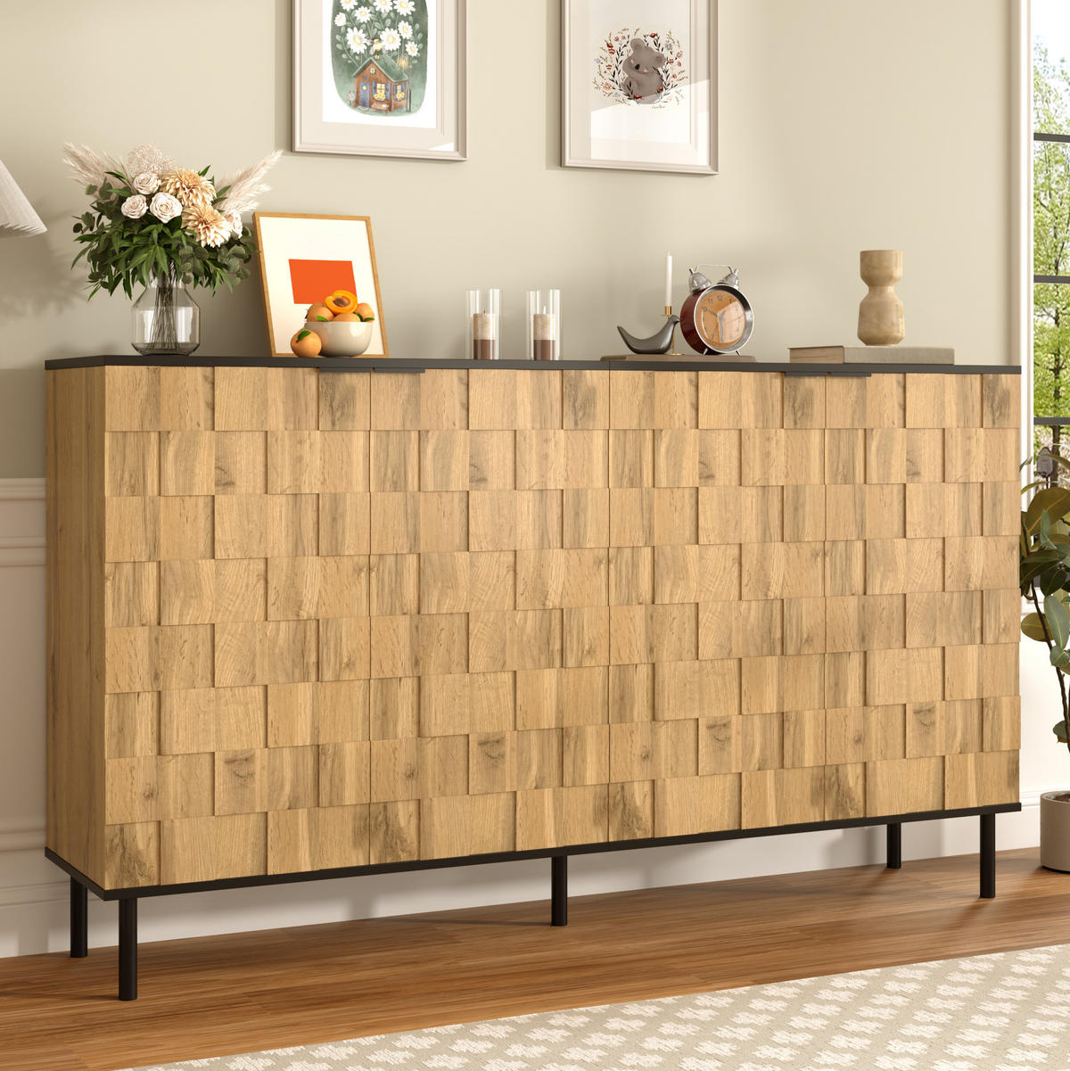 SIDEBOARD 160/35/80,5 cm mit 2 Türen, Mosaikfront und Metallfüßen, Natur/Schwarz - Naturfarben, Holzwerkstoff (160/80/35cm) - Redom