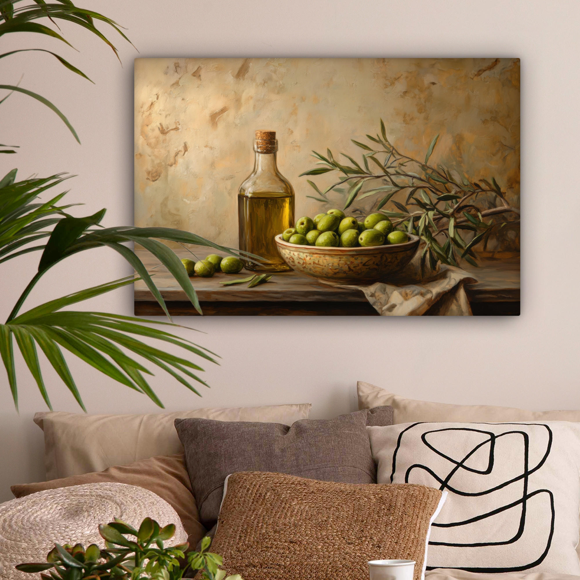 LEINWANDBILD Oliven - Stilleben - Vintage Gemälde 60x40 cm - Olivgrün, Textil (60/40cm) - MuchoWow