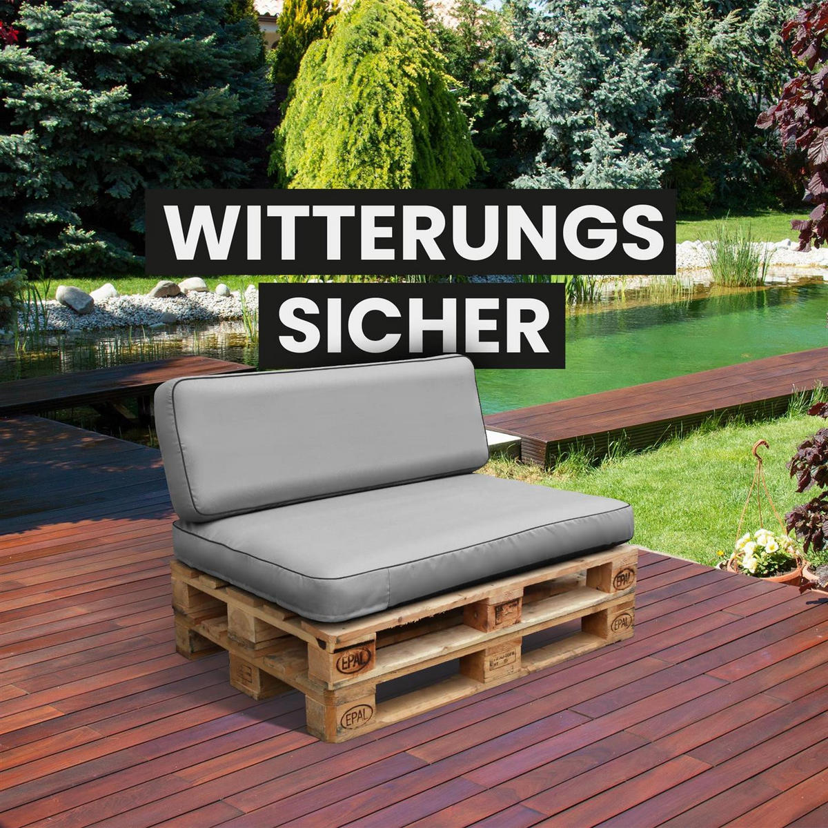 PALETTENKISSEN Set 2-tlg. ( Anthrazit ) - Indoor/Outdoor - 120x80x15 cm + 120x40x15cm - wasserabweisend ( Lotusblüteneffekt ) aufblasbares Innenkissen - Hellgrau, Textil (80/15/120cm) - Arsvita