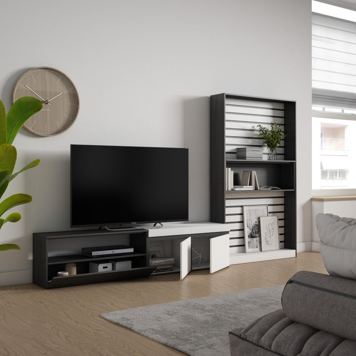 WOHNWAND Wohnzimmer, weiß und schwarz, 310/35/186cm - Schwarz/Weiß, Holzwerkstoff (310/186/35cm) - Skraut Home