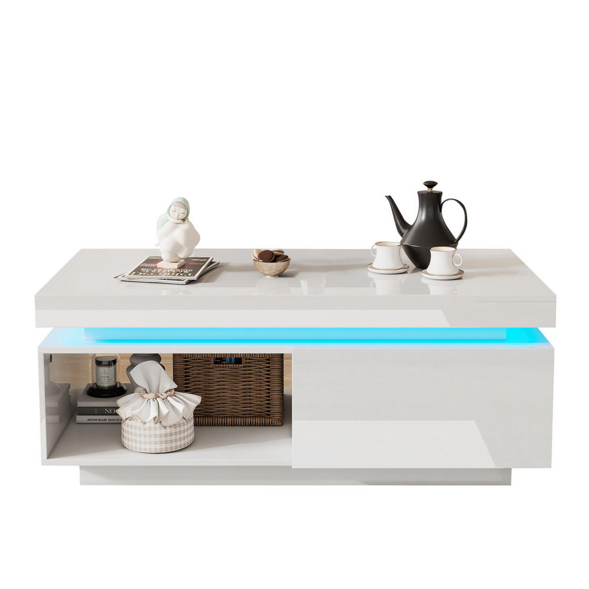 COUCHTISCH 100x50cm Weiß Hochglanz LED Schublade 50kg Tragkraft Modern - Weiß, Holz (100/50/40cm) - FLIEKS