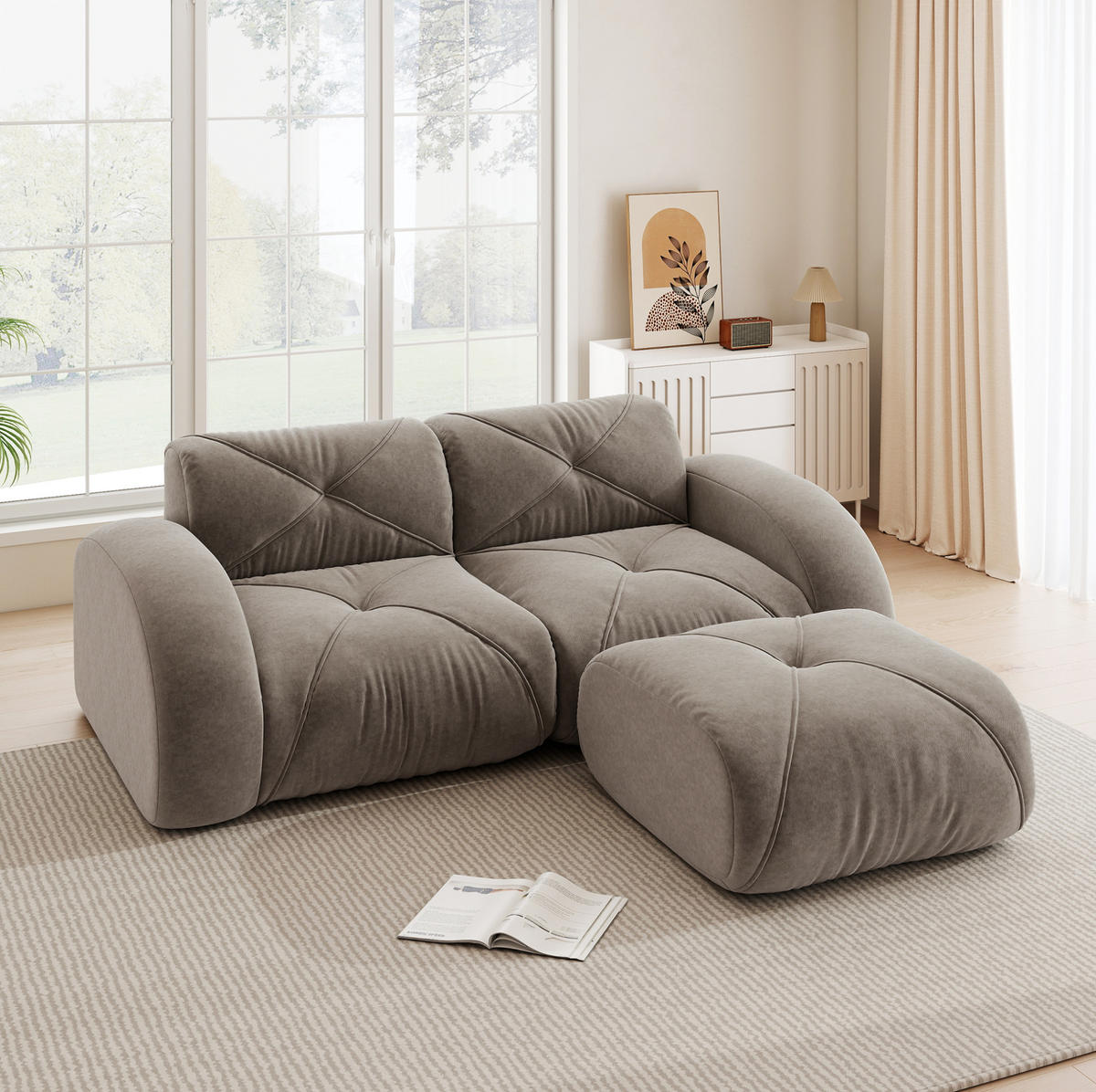 SOFA Modulares 2-Sitzer mit Hocker Chenille Braun - Braun, Kunststoff (171/204cm) - Meubliv
