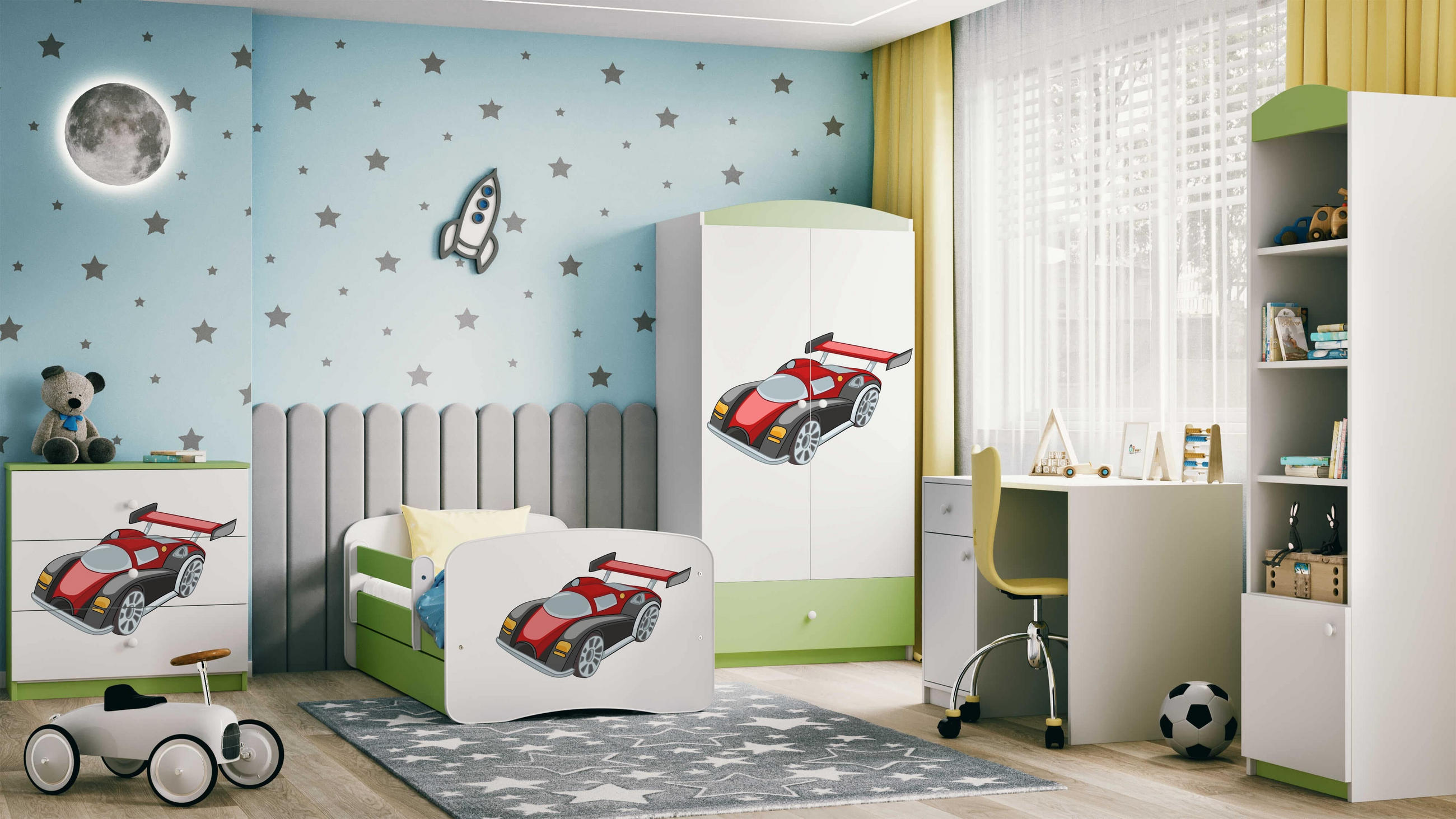 KINDERBETT Rennwagen mit Schublade und Matratze 140/70 - Grün, Holzwerkstoff (70/140cm) - RAUMHIRSCH FURNITURE