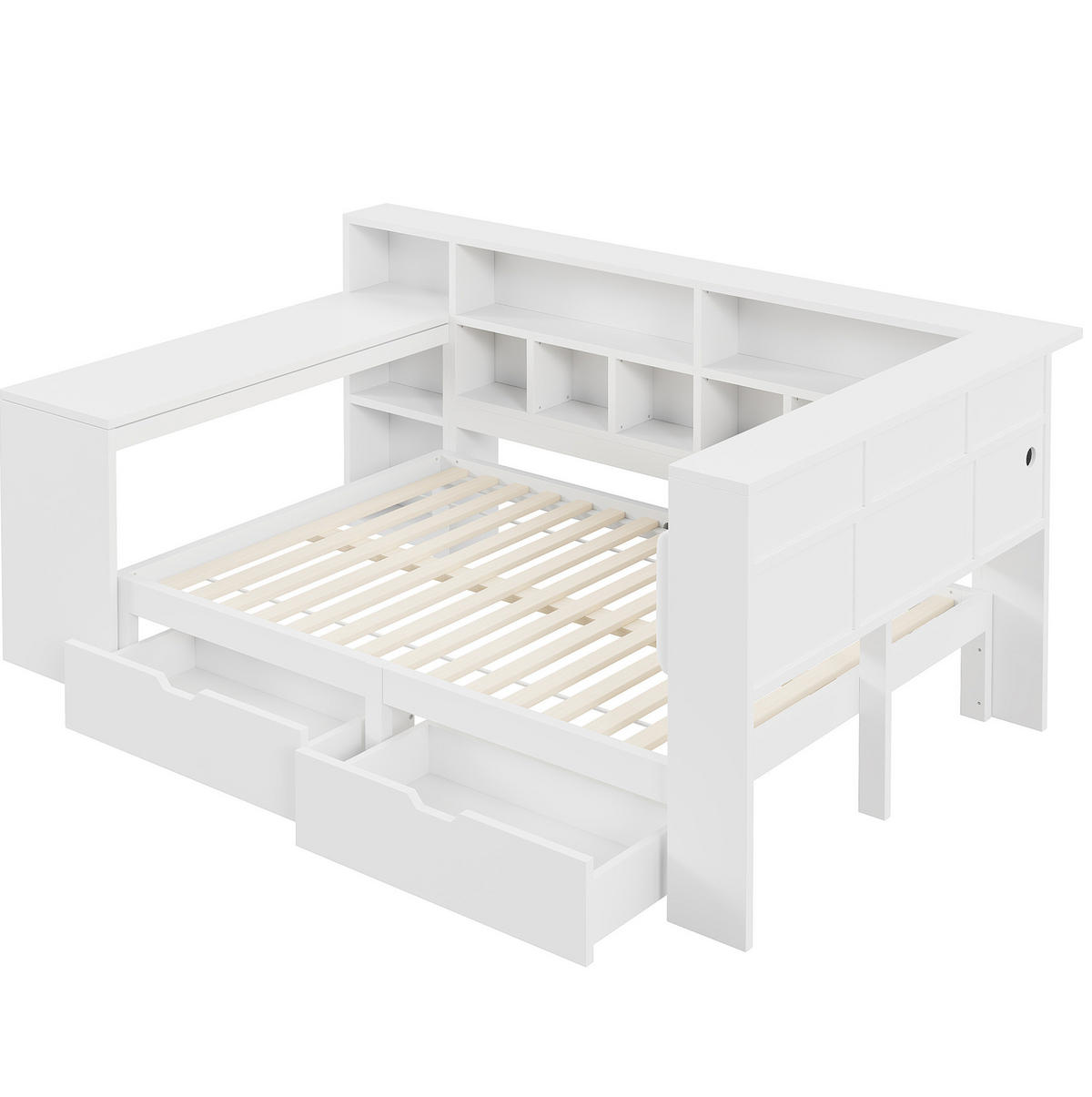 KREVET 140/200 cm s L-oblikom, radnim stolom, policom i LED osvjetljenjem, Bijela - bijela, drvni materijal (140/200cm) - Redom