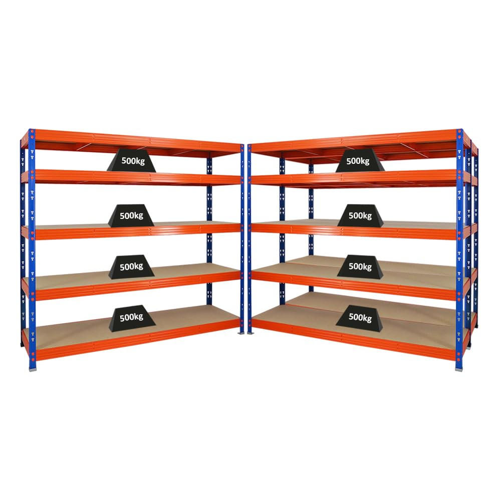 SCHWERLASTREGAL Rhino 3er-Set mit 3x 180x200x60 cm 5 Spanplatten-Ebenen 8mm Fachlast 500 kg Blau/Orange - Orange, Metall (600/180/60cm) - PROREGAL