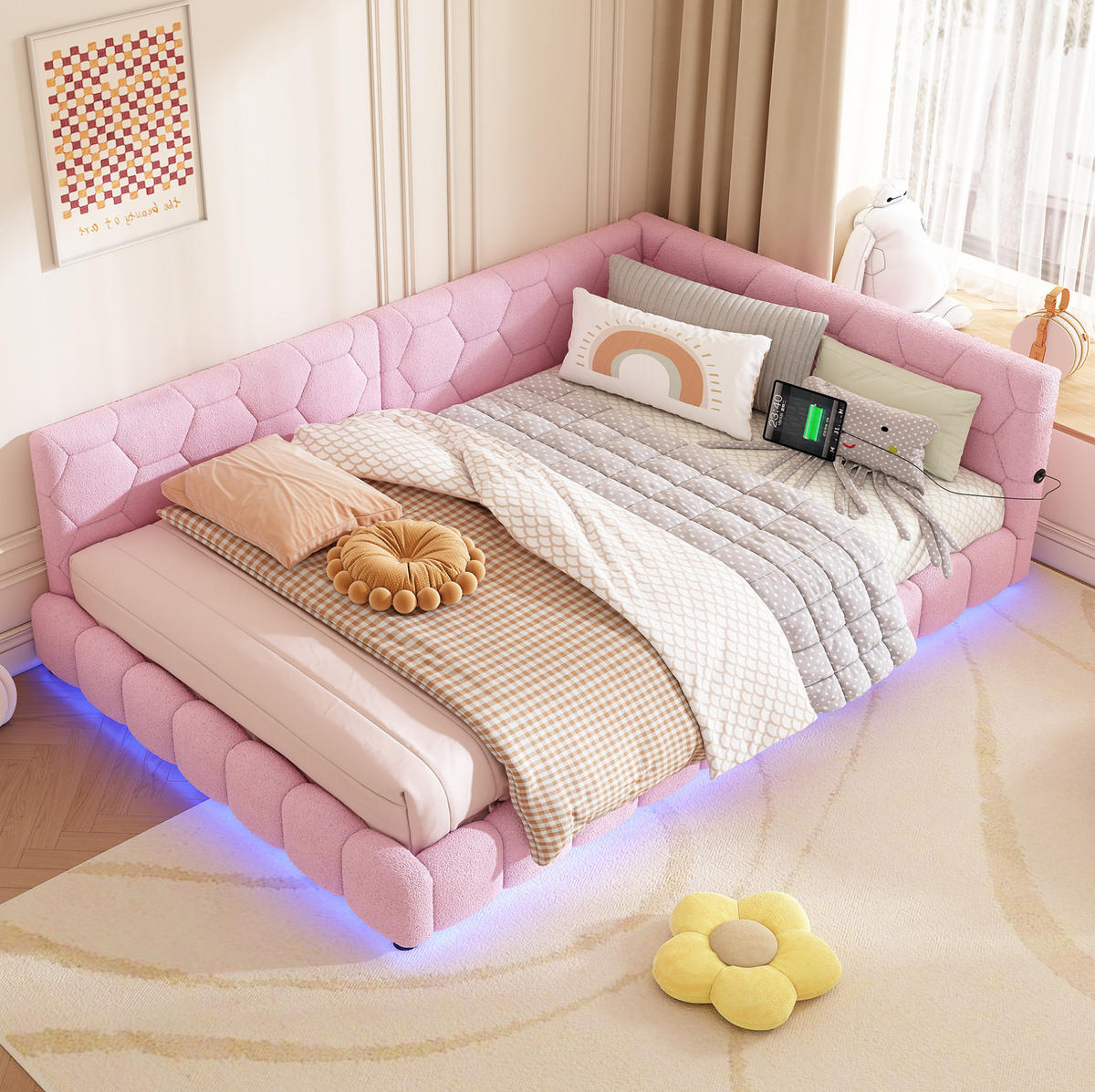 POLSTERBETT 140/200 cm aus Vliesimitat und MDF mit LED-Beleuchtung, USB- und USB-C-Anschluss Rosa - Rosa, Textil (140/200cm) - Modenvie
