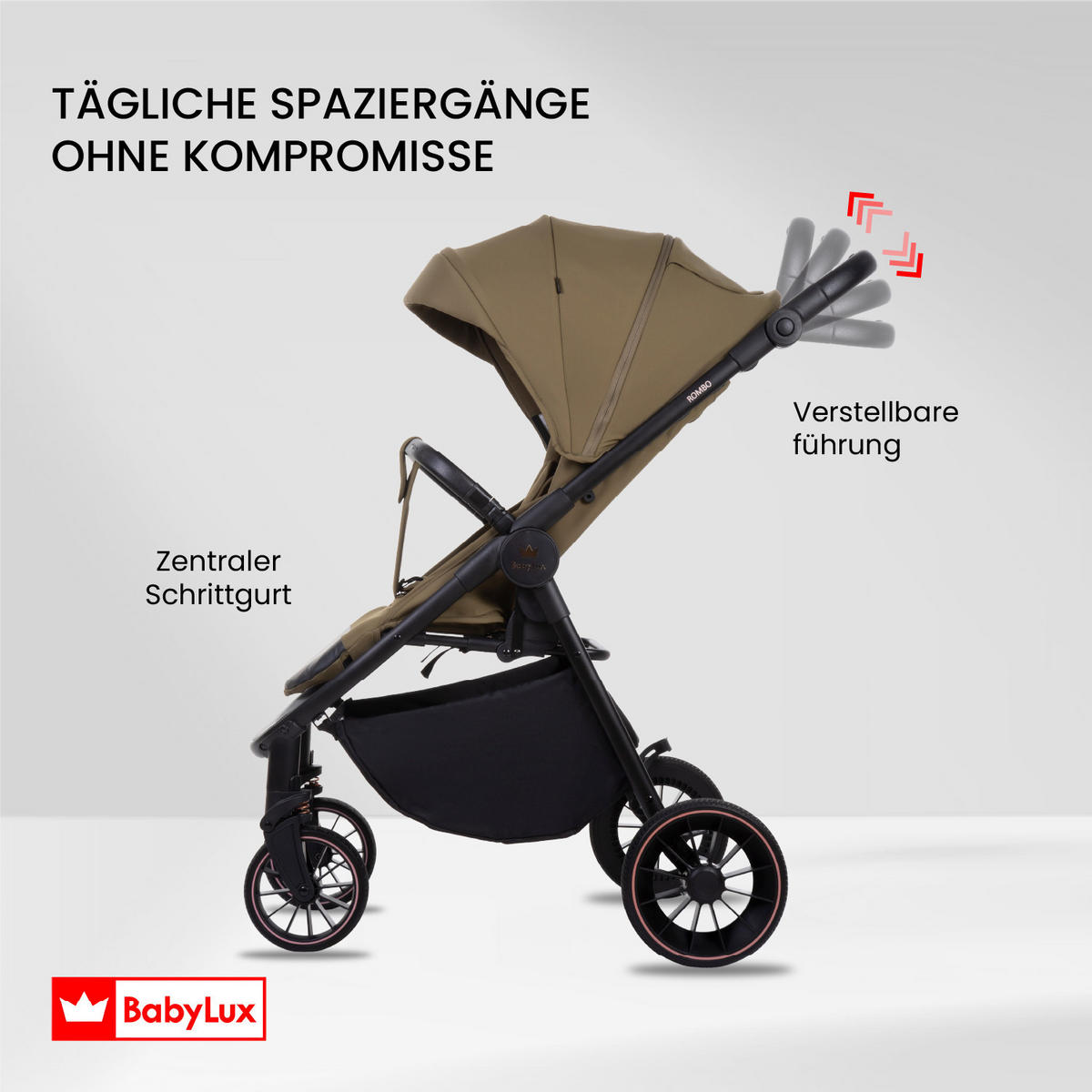 BUGGY Rombo, Klein und Leicht, Teleskopische Führung, Kompakt Faltbar, Wickeltasche, Reisetasche - Schwarz/Olivgrün, Textil/Metall (58/98cm) - BabyLux
