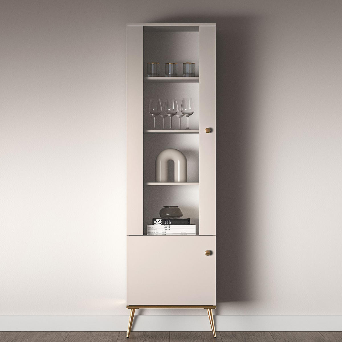 GLASVITRINE FRALIA,Creme - Creme, Glas/Holzwerkstoff (55/190/40cm) - KONSIMO®