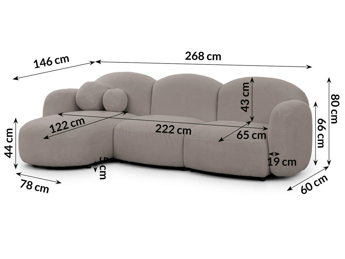 ECKSOFA Nuvola mit abgerundetem Design Hellgrau Bouclé-Stoff - Ottomane Links - Hellgrau/Schwarz, Holz/Kunststoff (268/146cm) - S-Style Möbel