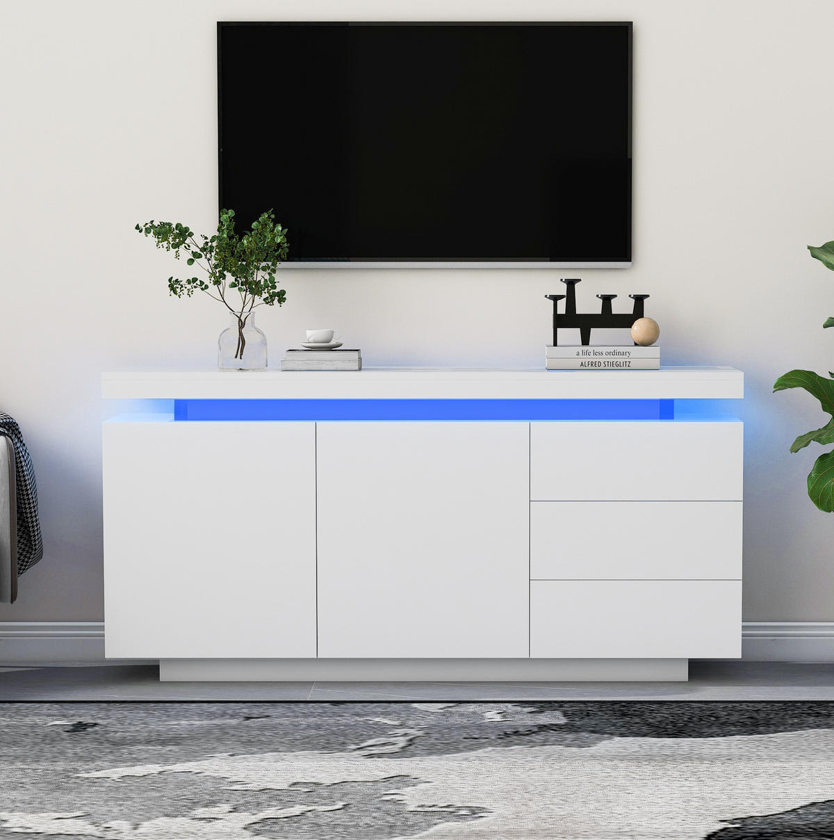 SIDEBOARD mit LED 140 x 35 x 72,5 cm Weiß Hochglanz 2 Türen 3 Schubladen - Weiß, Holzwerkstoff (140/72/38cm) - Meubliv